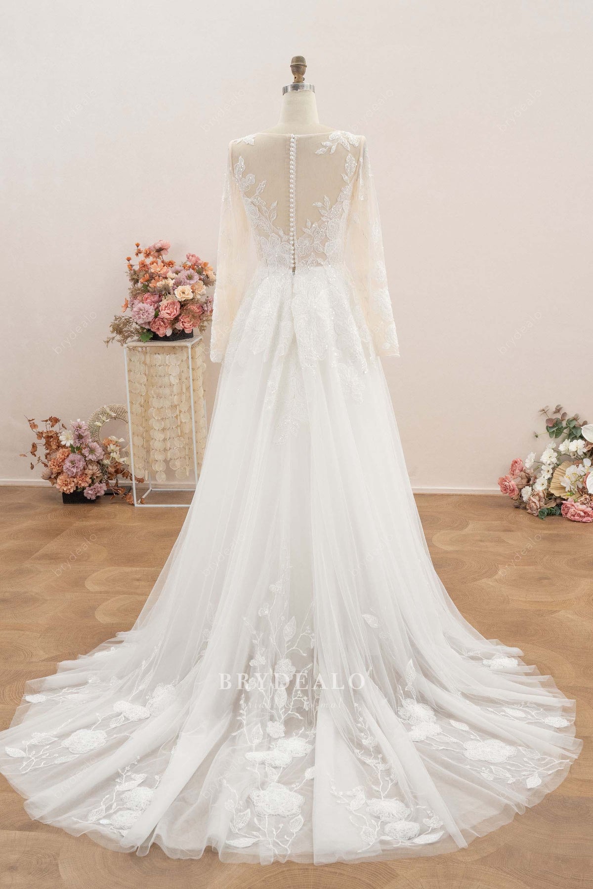 flower lace long train wedding dress