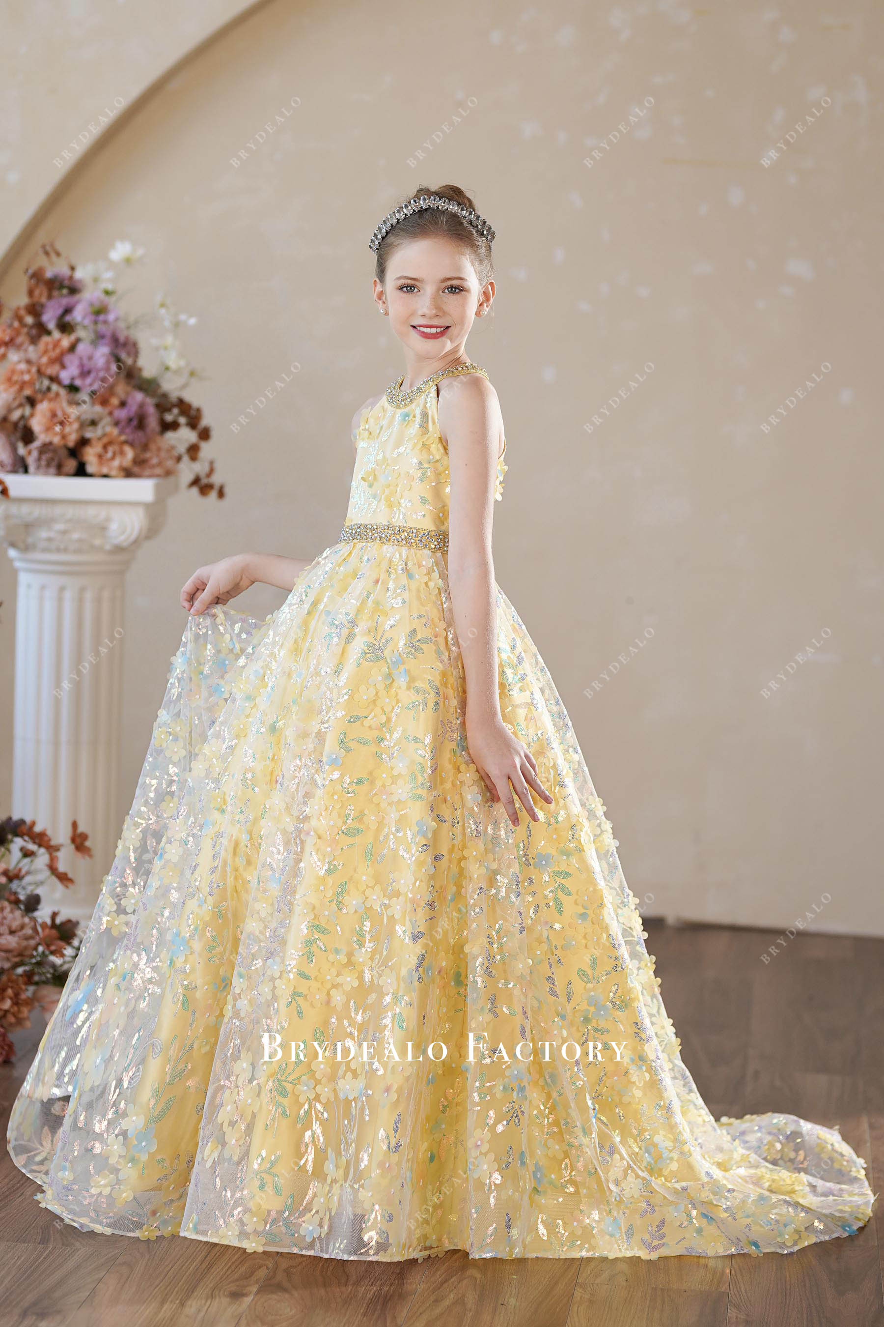 Yellow Flowers Rhinestone Halter Neck Kids Pageant Dress
