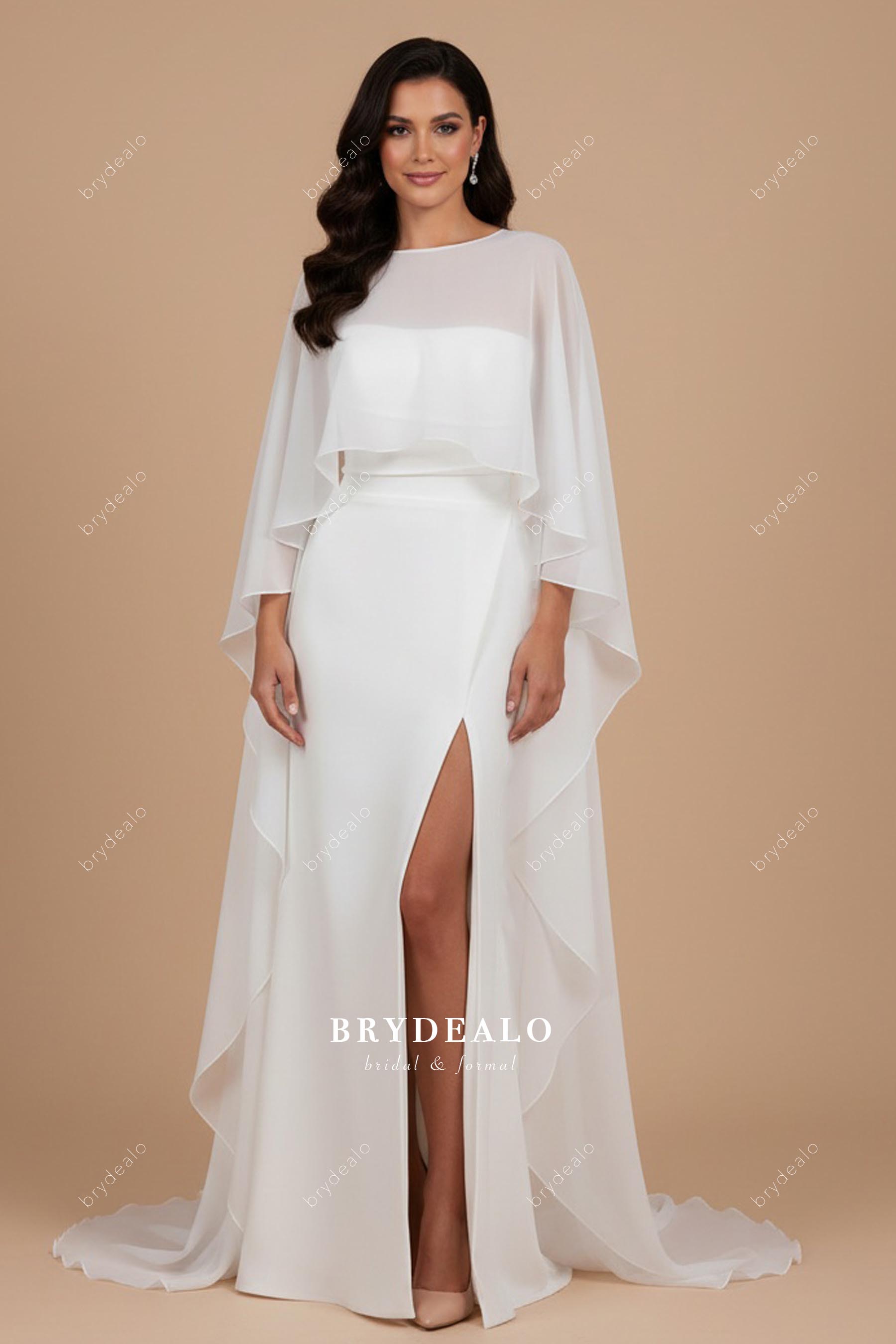 Elegant Chiffon Cape Crepe Mermaid Slit Wedding Dress Elegant Chiffon Cape Crepe Mermaid Slit Wedding Dress