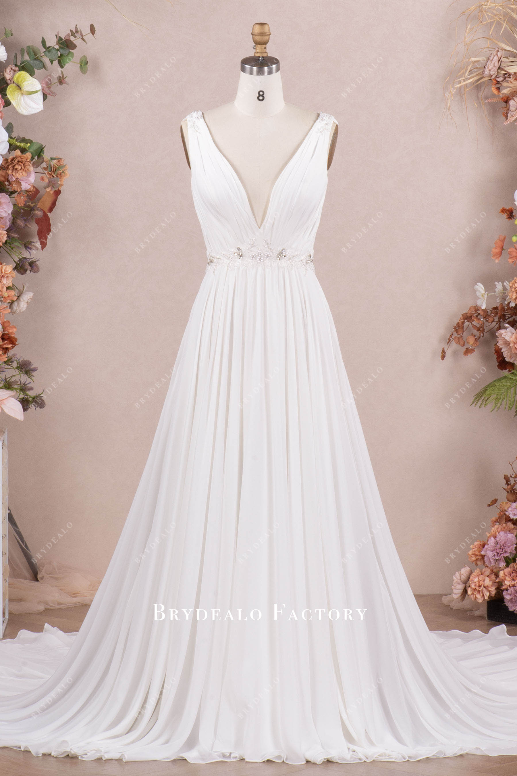 sachin and babi light blue dress Chiffon Long Sleeve Illusion Summer Wedding Dress Destination With Deep  V-back And Court Train main image 1