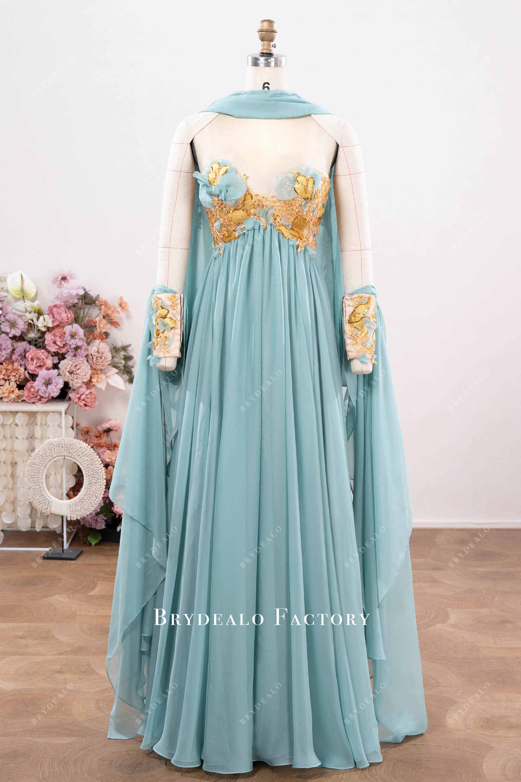 Ice Blue Chiffon Shawl Beaded Lace Cuff Prom Formal Dress Ice Blue Chiffon Shawl Beaded Lace Cuff Prom Formal Dress