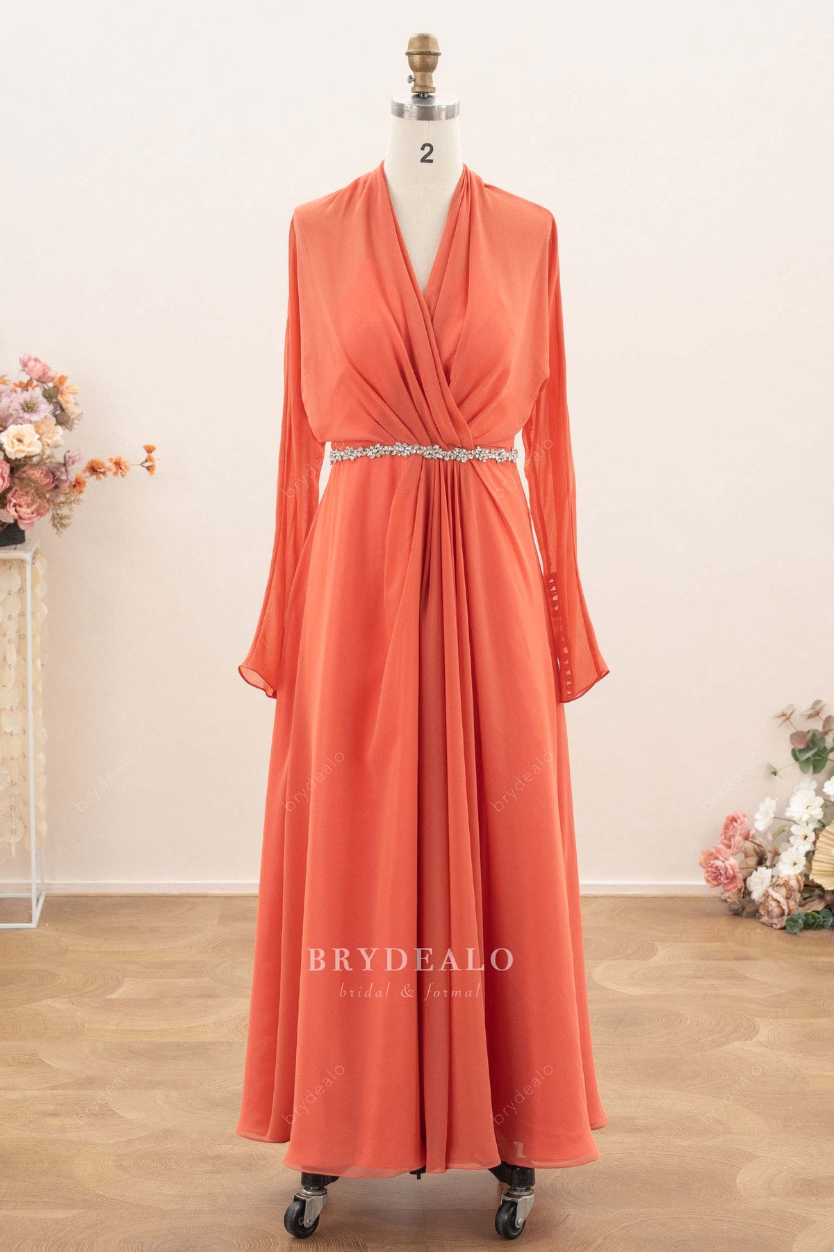 flowing long sleeve mother of bride dress