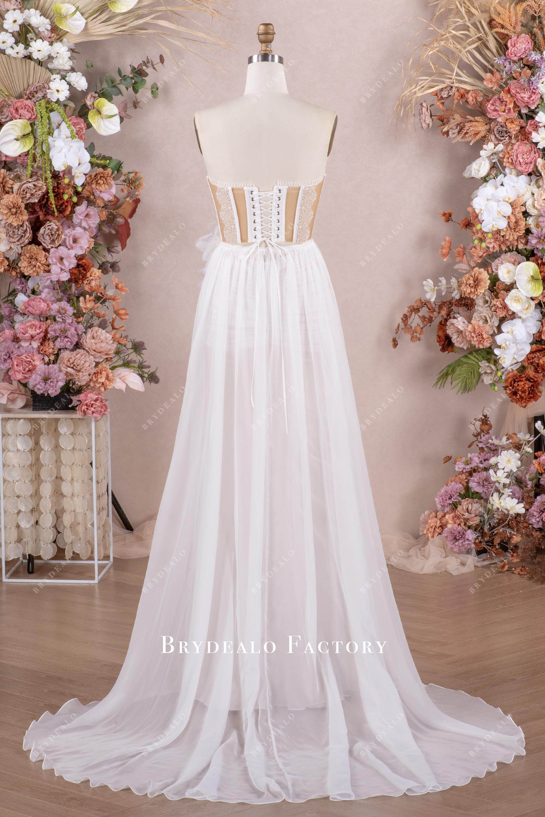 Sweetheart Corset High Slit Chiffon Overskirt Beach Wedding Dress
