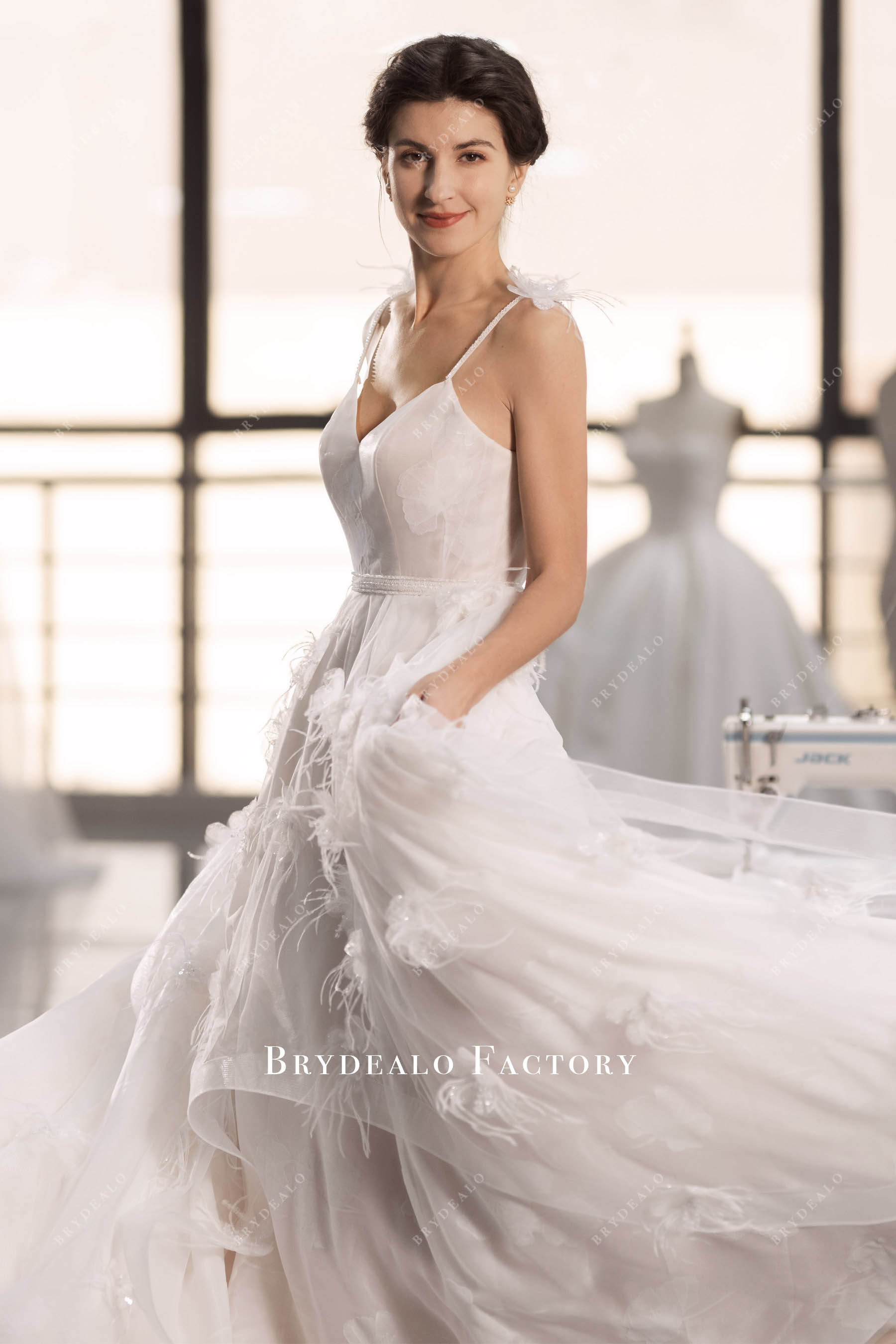 Lotus Organza Feather Flowers Ruffled A-Line Wedding Dress Light Ivory Lotus Organza Feather Flowers Ruffled A-Line Wedding Dress Light Ivory