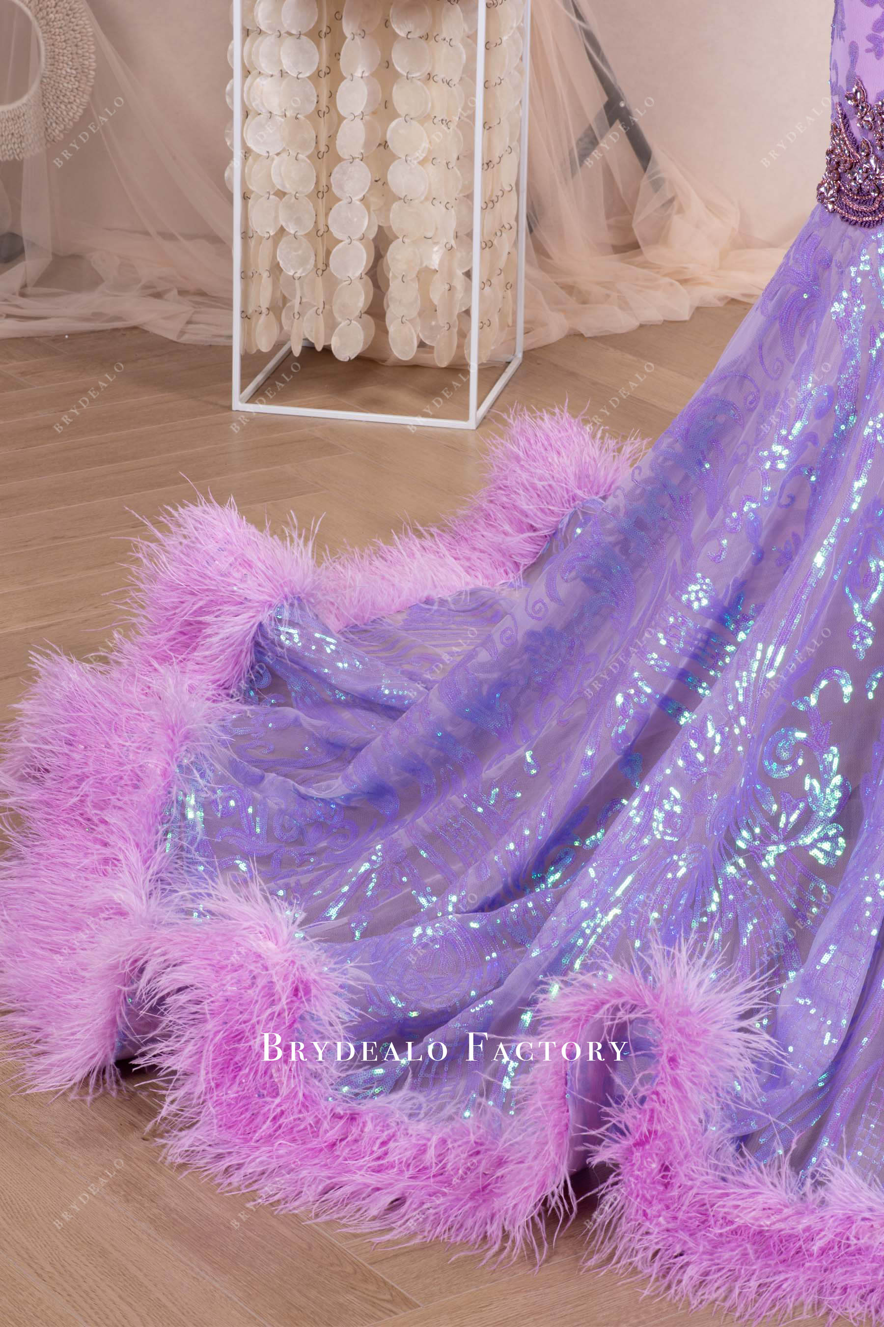 fluffy feather hem prom dress