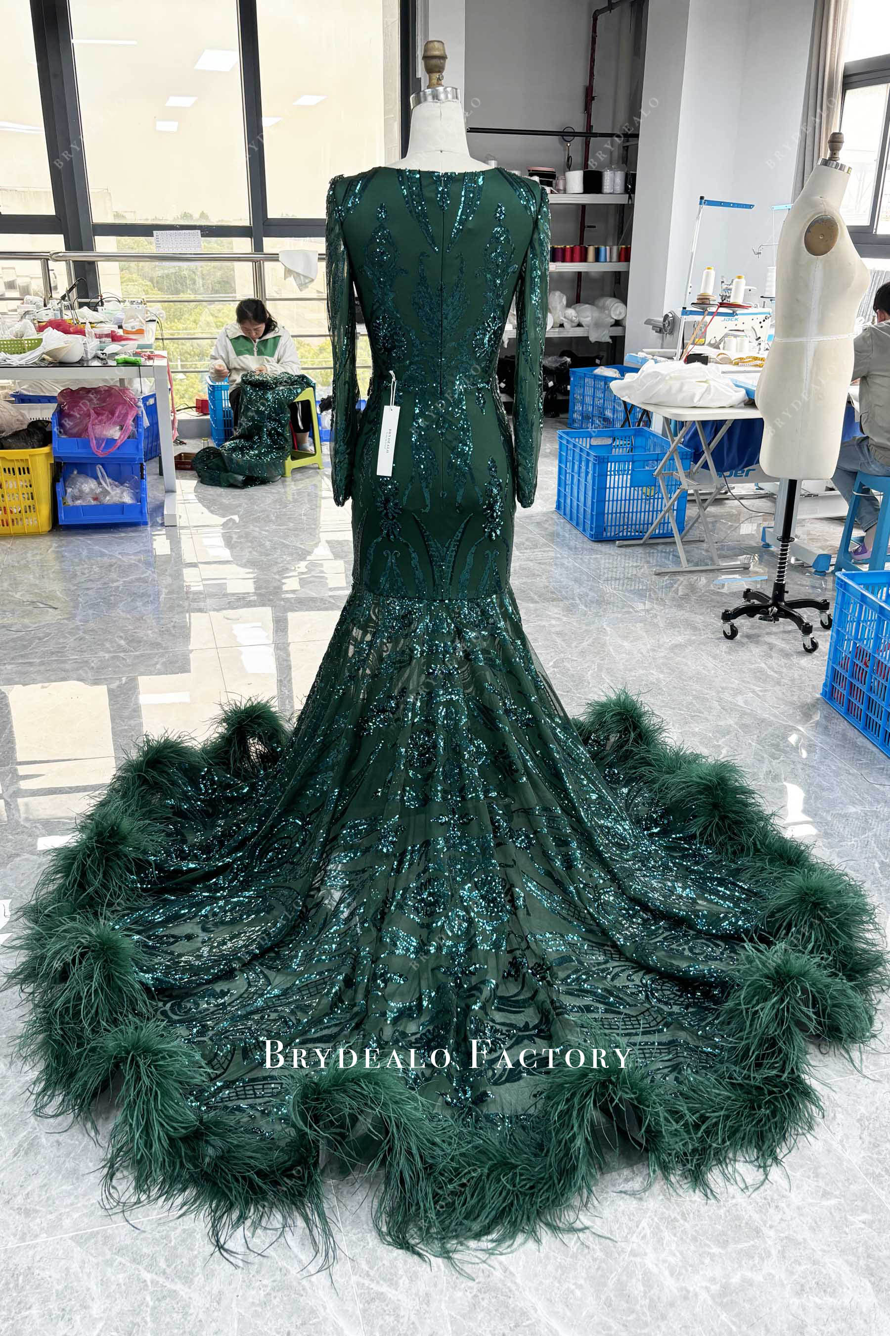 fluffy feather train mermaid prom dress