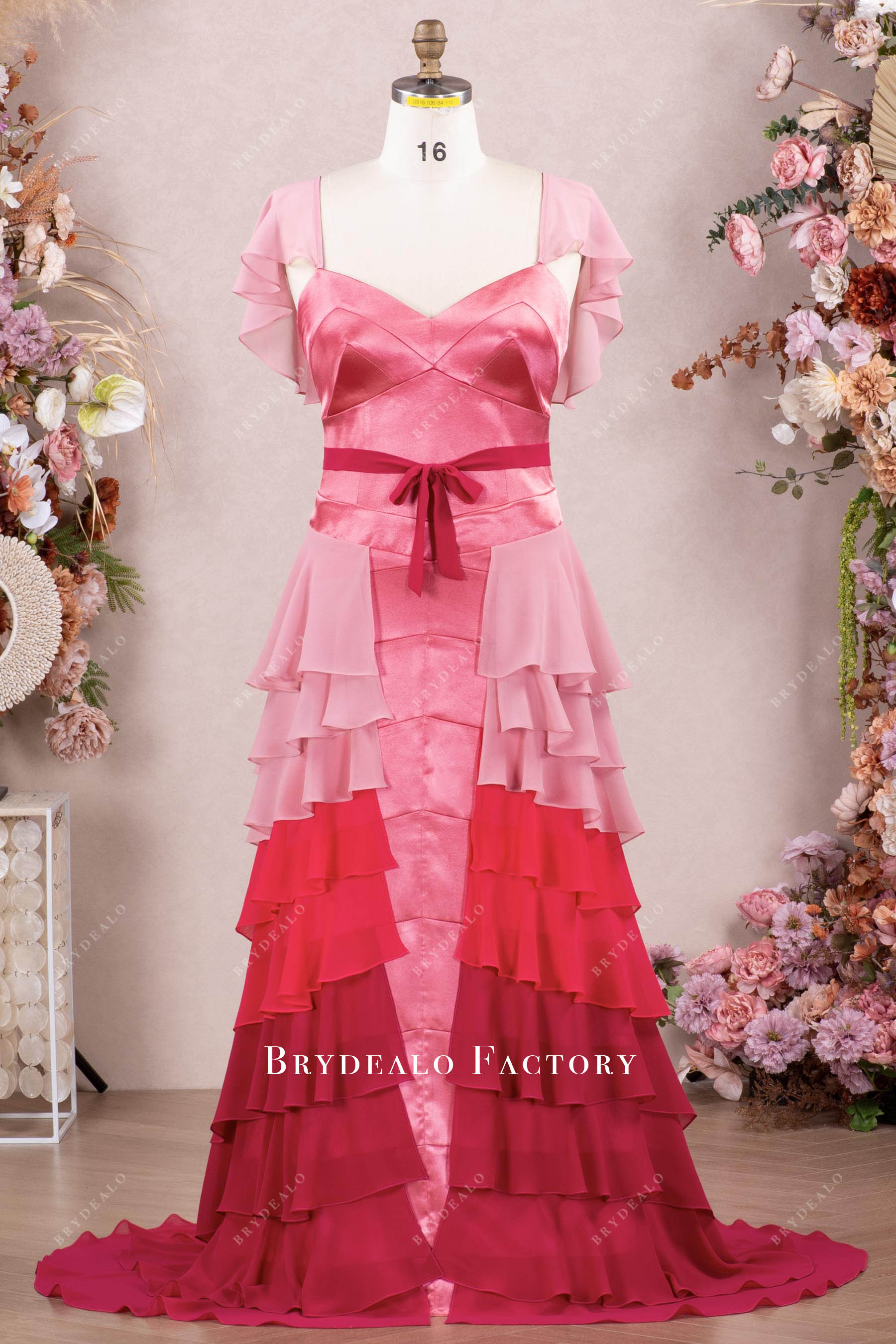 Ombre Pink Flutter Sleeve Tiered Prom Dress Ombre Pink Flutter Sleeve Tiered Prom Dress