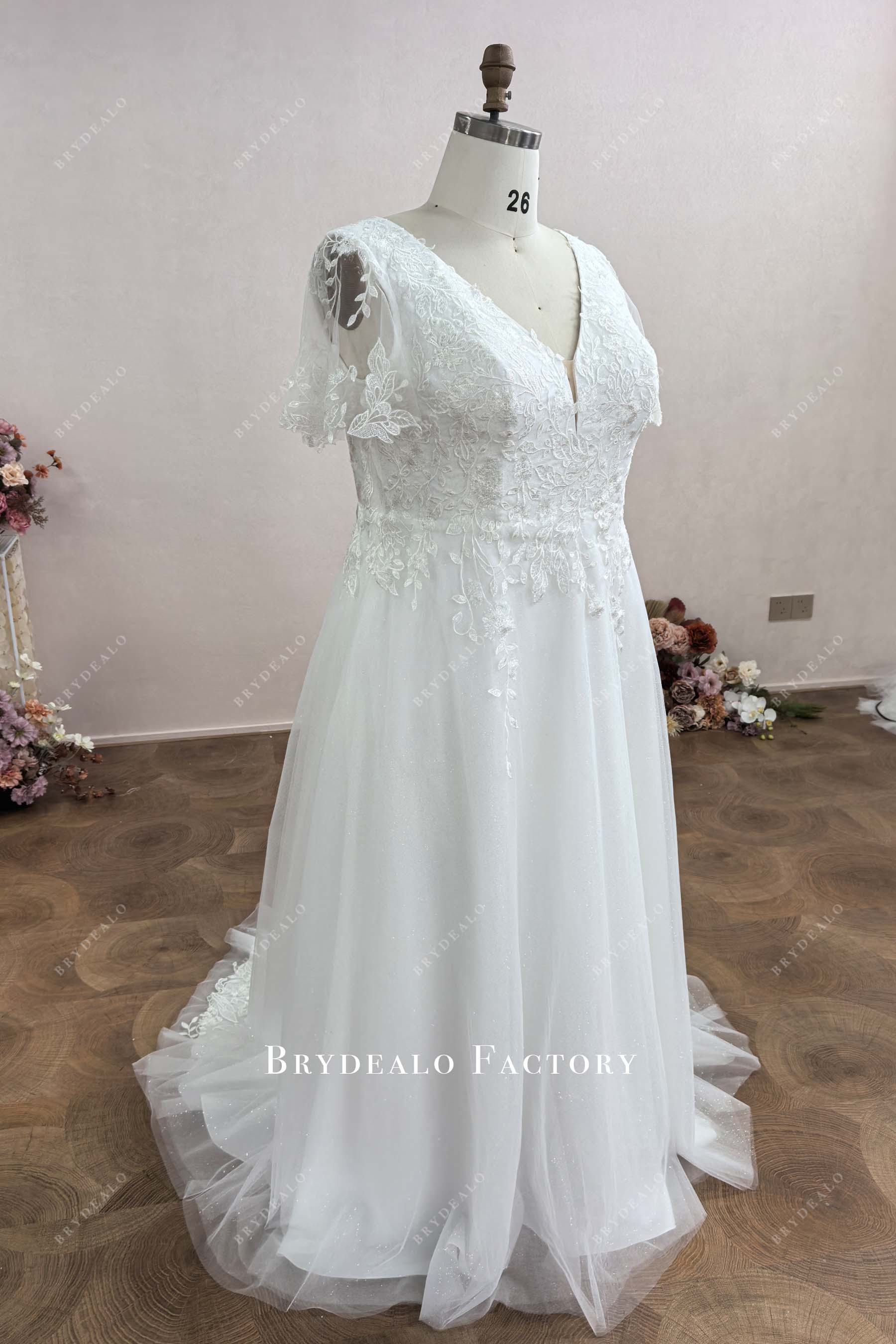 flutter sleeves plus size lace wedding dress