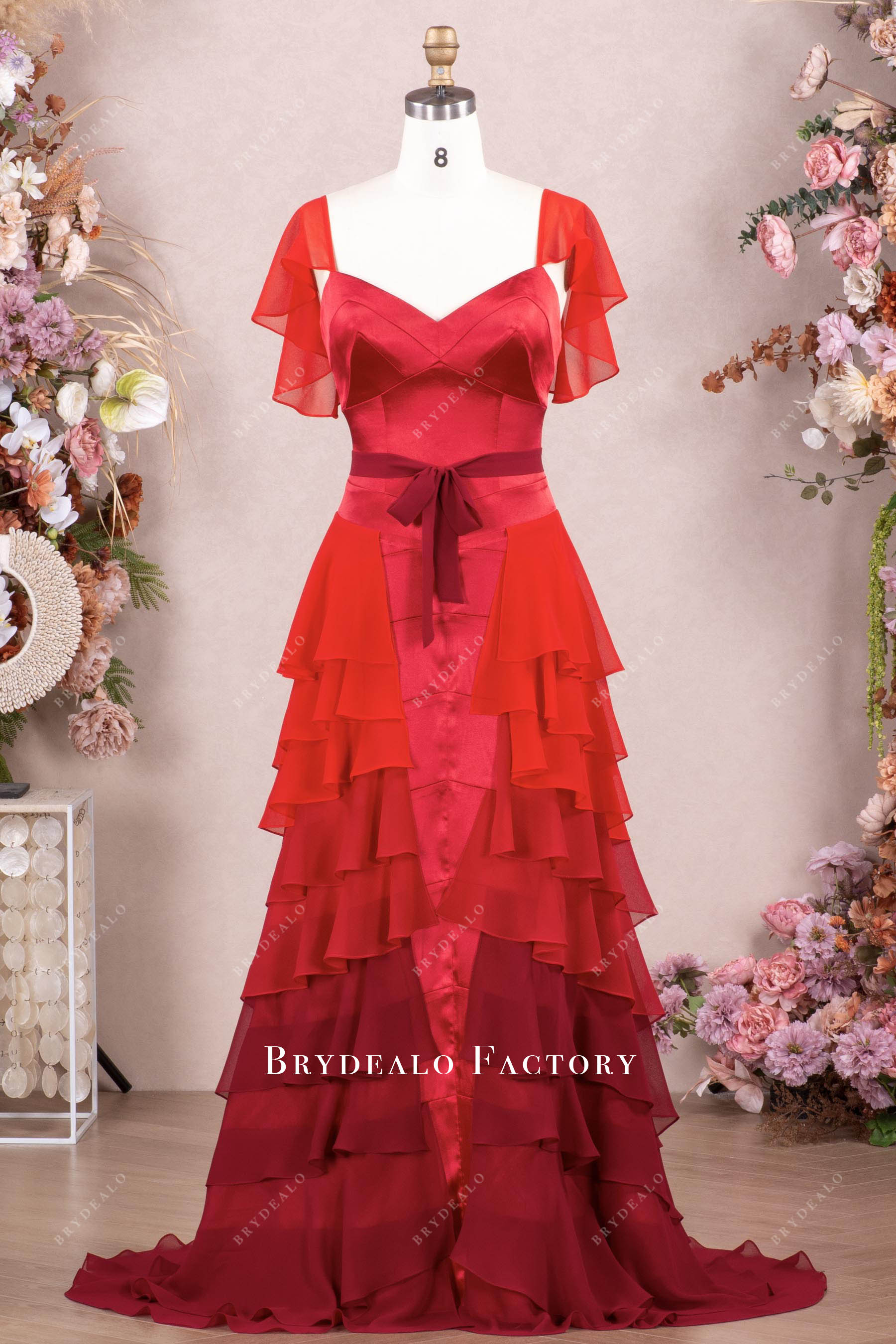 Ombre Red Flutter Sleeve Tiered Chiffon Aline Prom Dress Ombre Red Flutter Sleeve Tiered Chiffon Aline Prom Dress