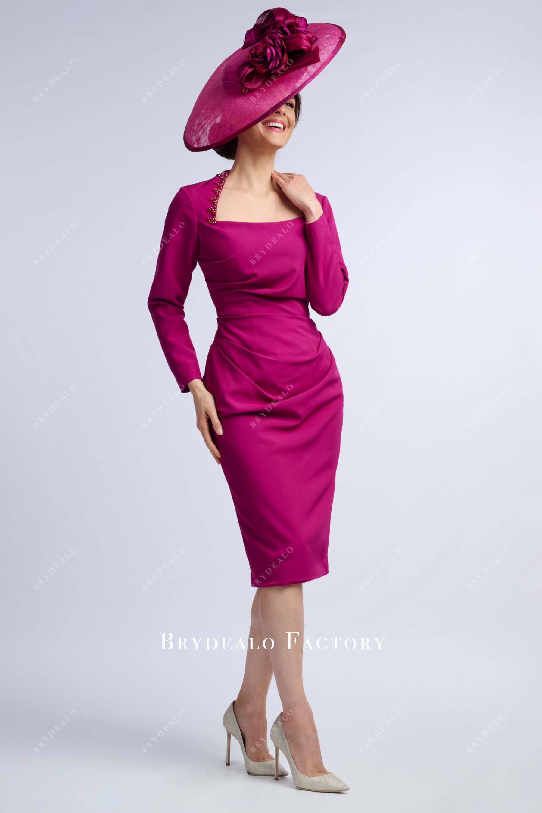 fuchsia crepe knee length mother of bride dress