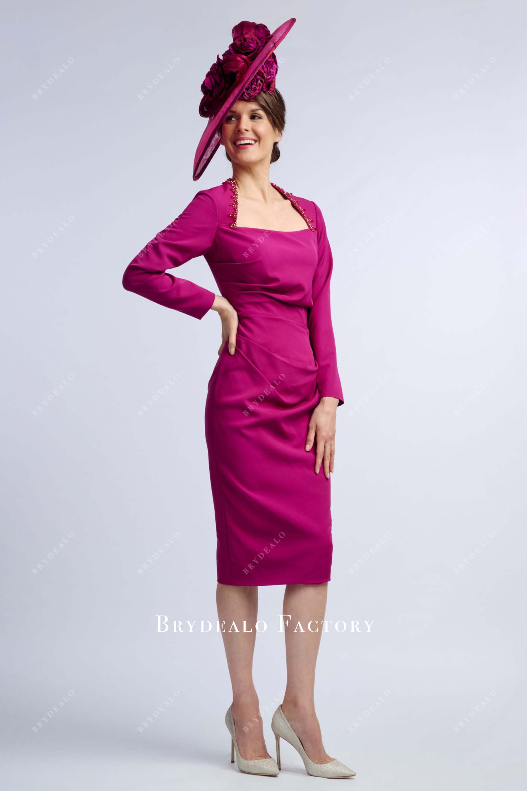 fuchsia crepe long sleeves mother of bride dress