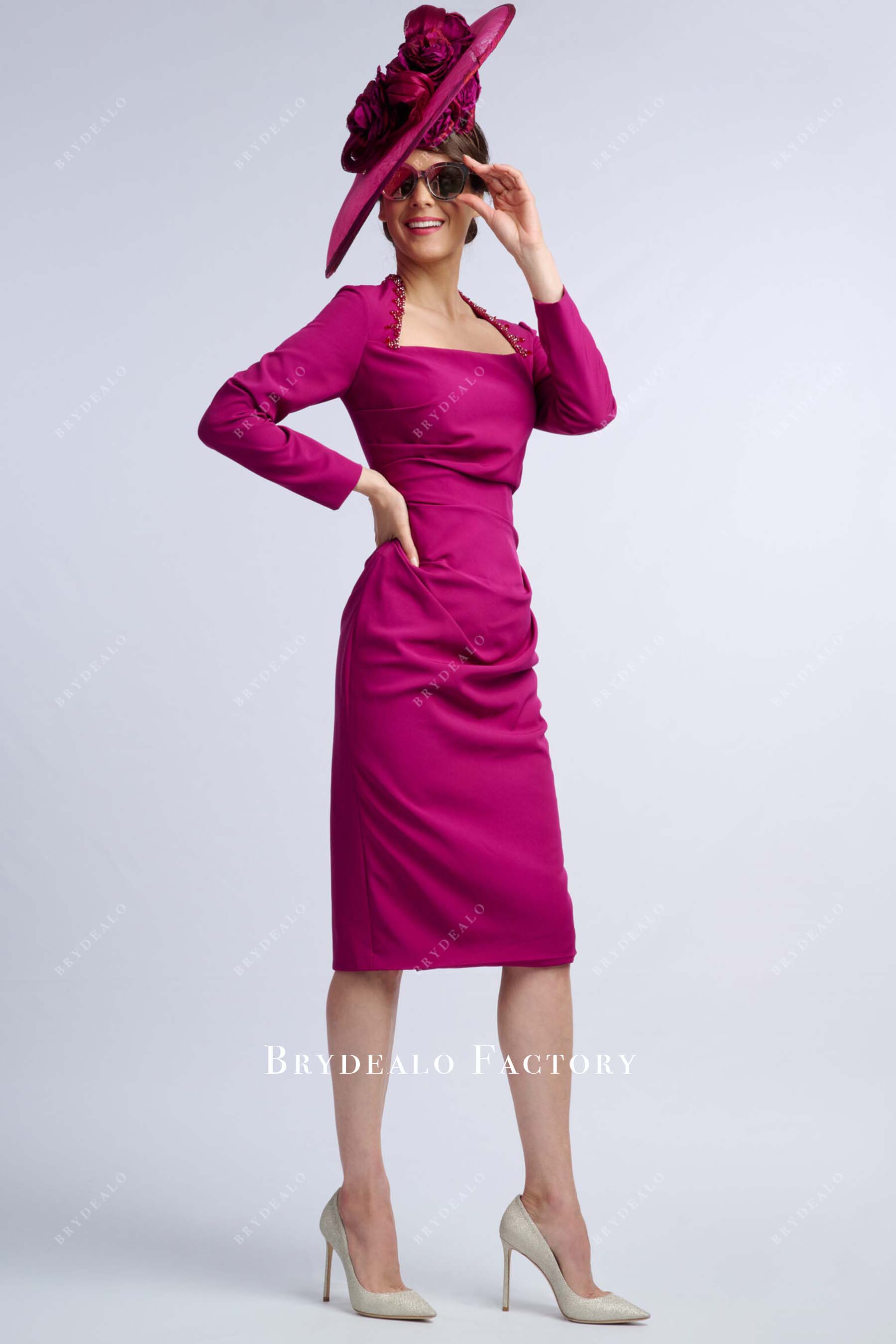 fuchsia queen anne neckline mother of bride dress