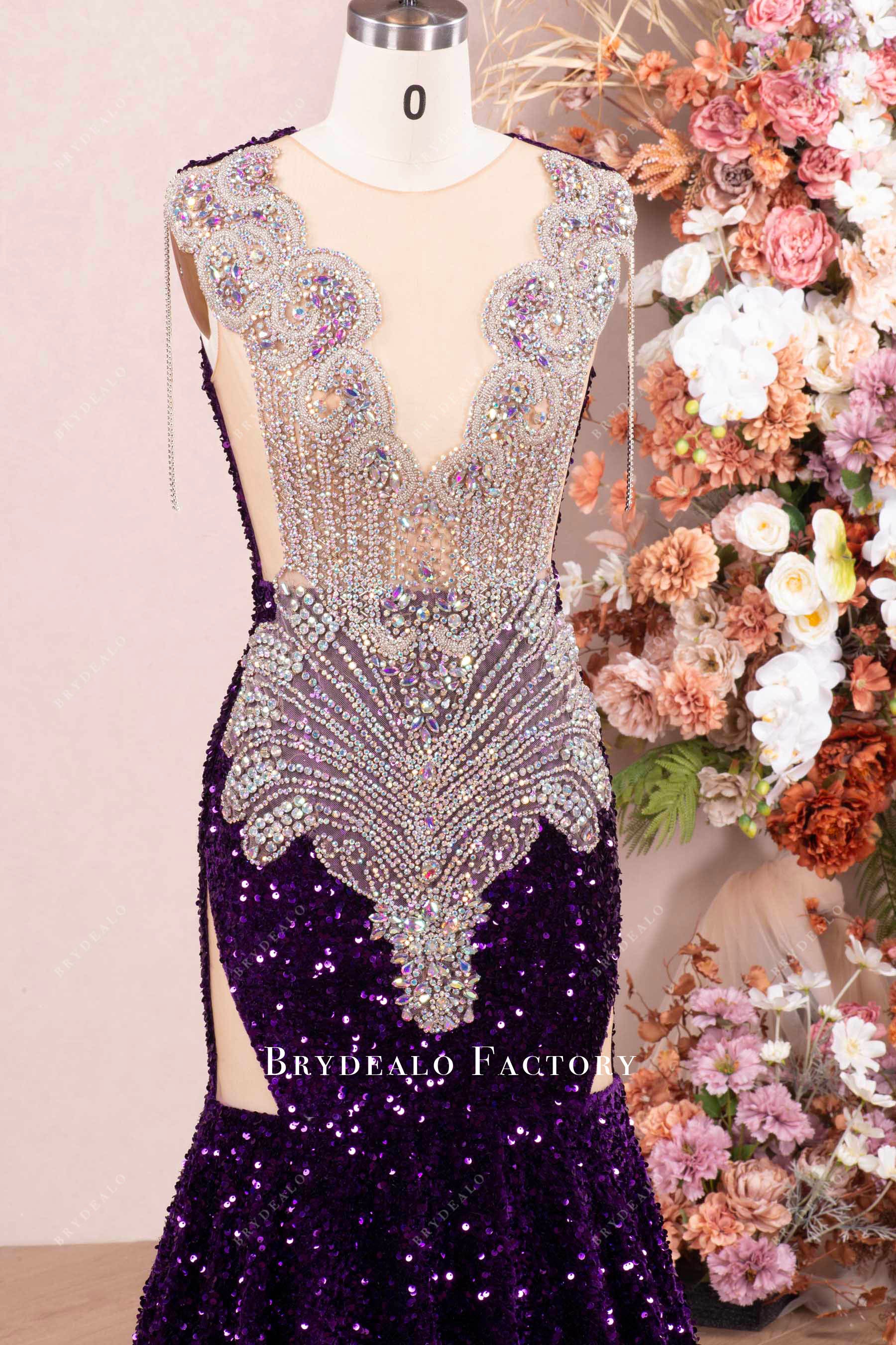 galaxy rhinestone plunging prom dress