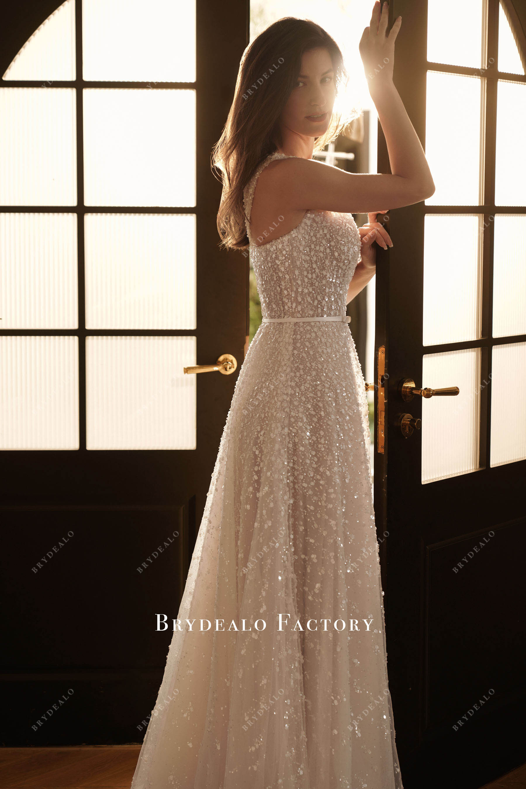 Glamour White Gradient Sequin Square Neck Wedding Dress Nude Beige