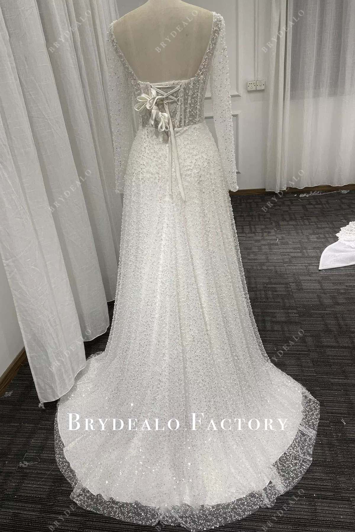 glitter lace a line sweep train wedding dress
