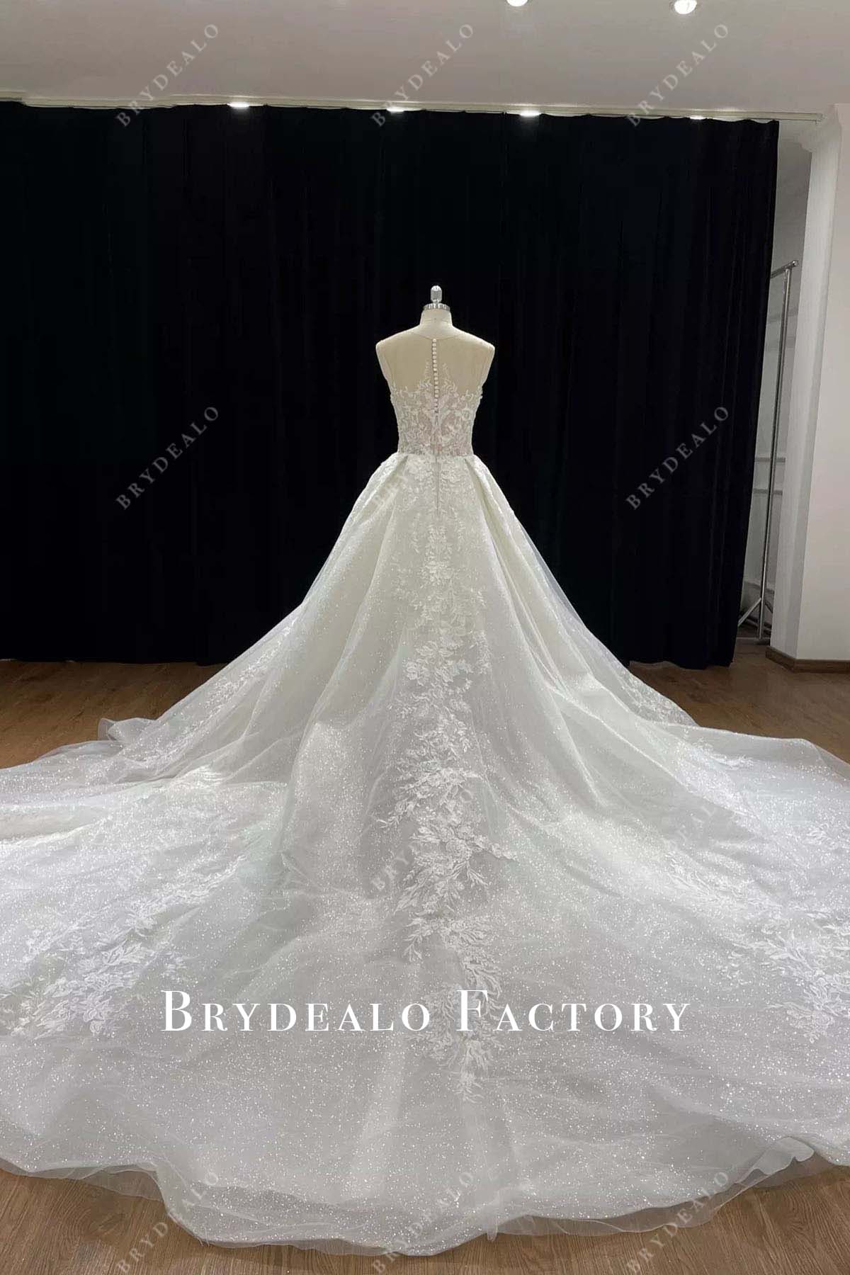 glitter lace cathedral train wedding ballgown