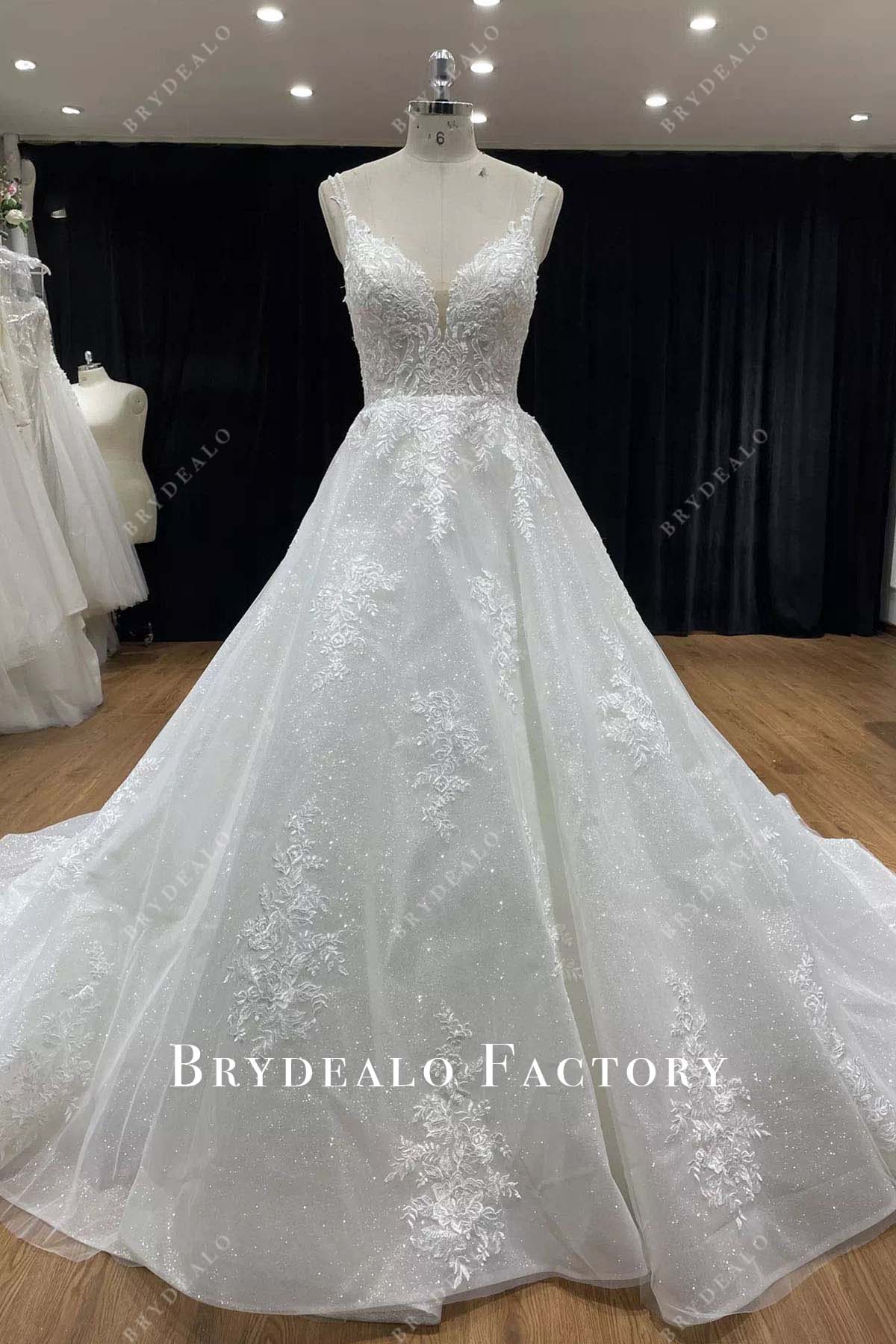 glitter lace double straps wedding ballgown