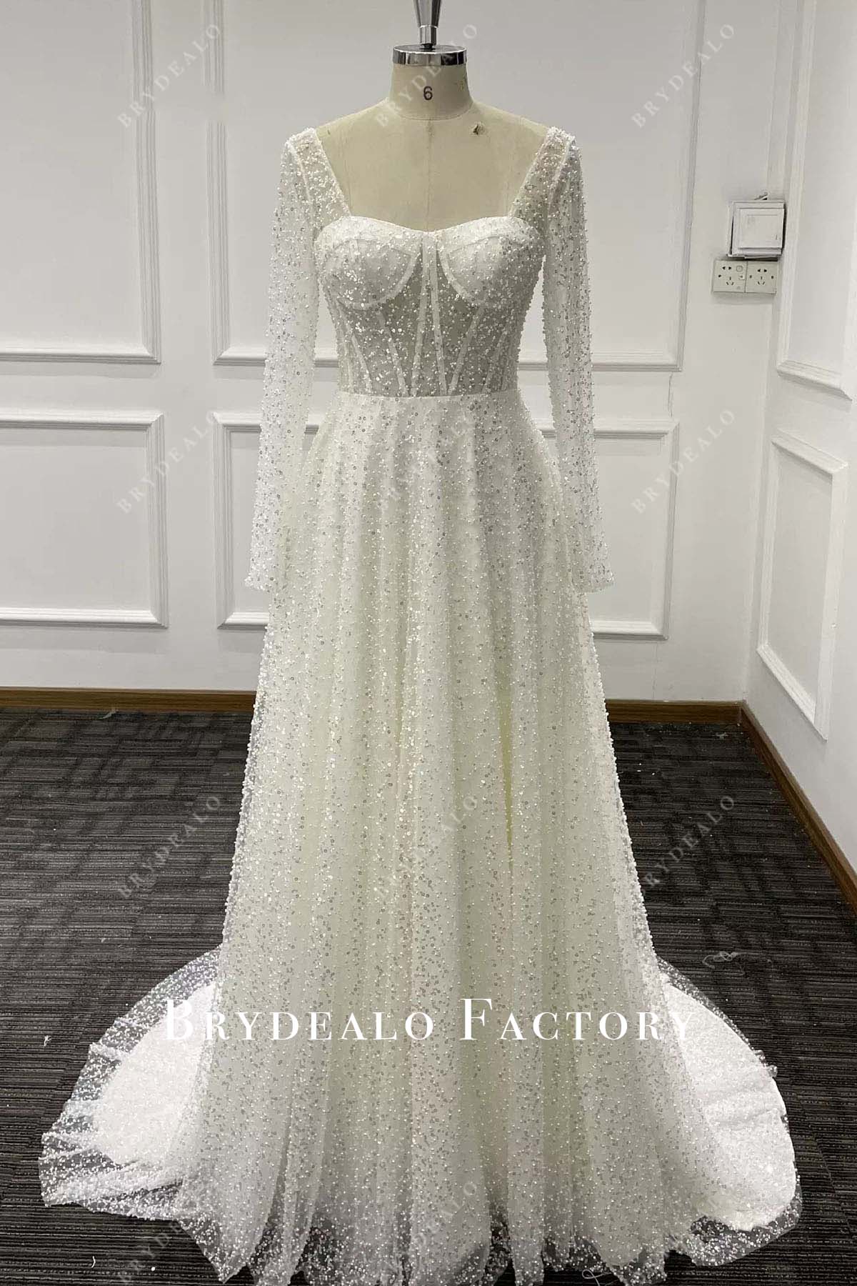 glitter lace long sleeves a line wedding dress