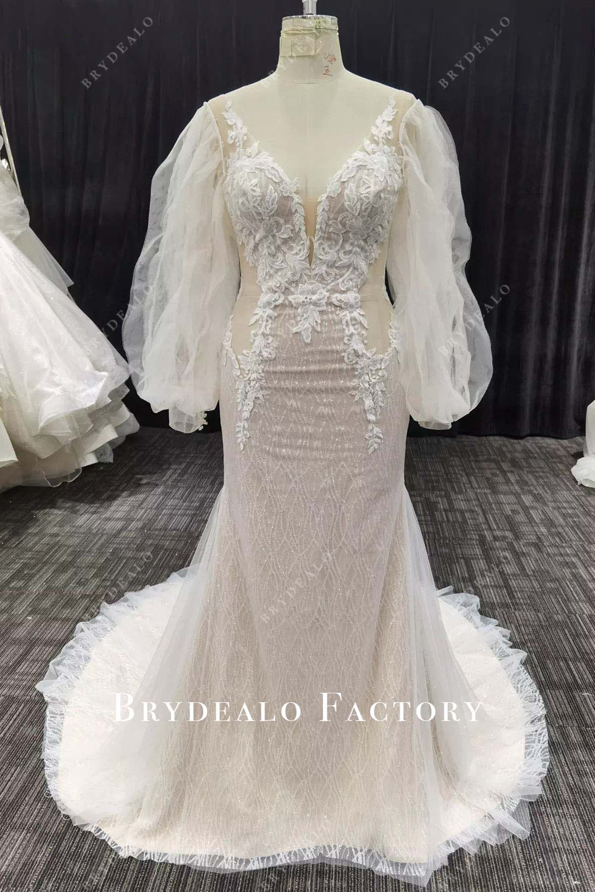 glitter lace long sleeves mermaid wedding dress