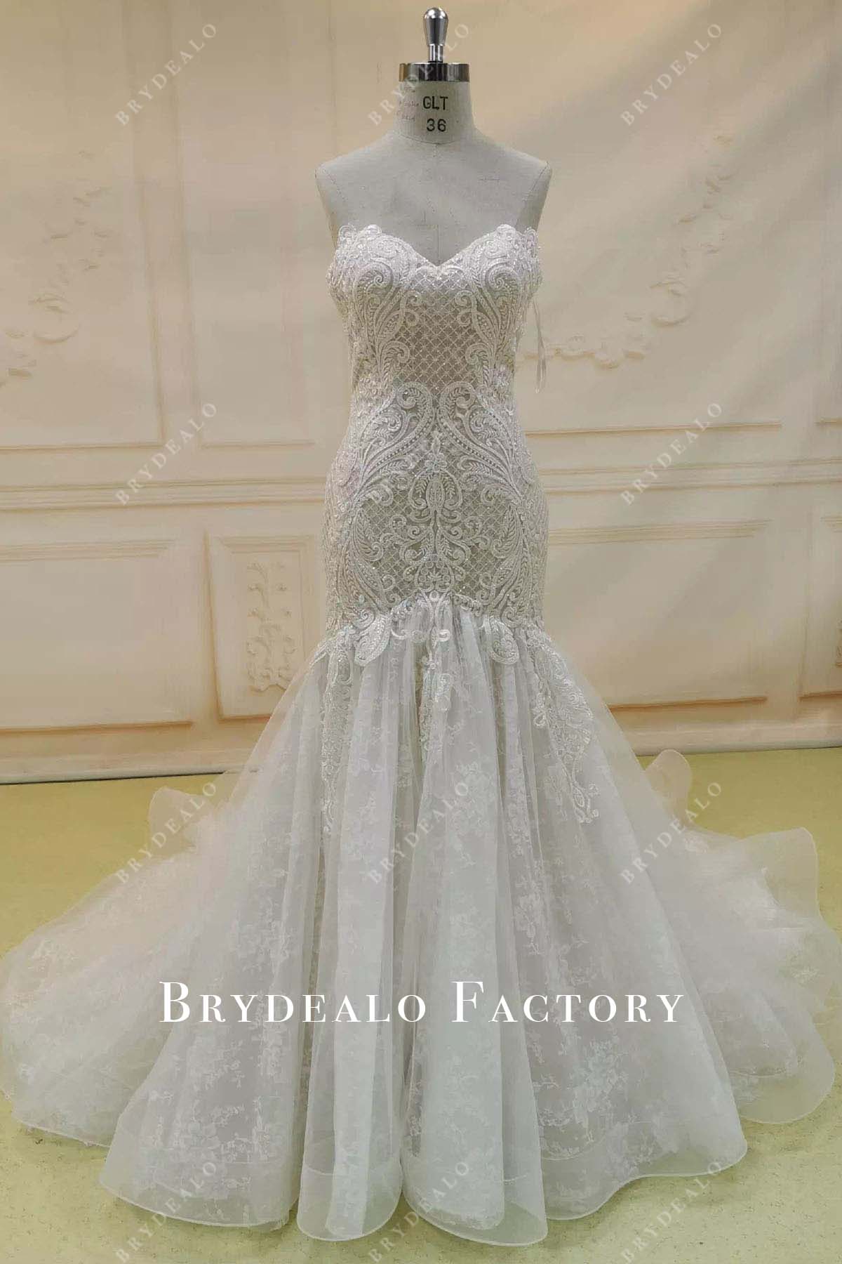 glitter lace strapless trumpet wedding dress