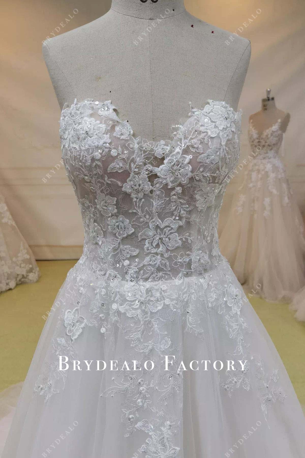 glitter lace strapless wedding dress