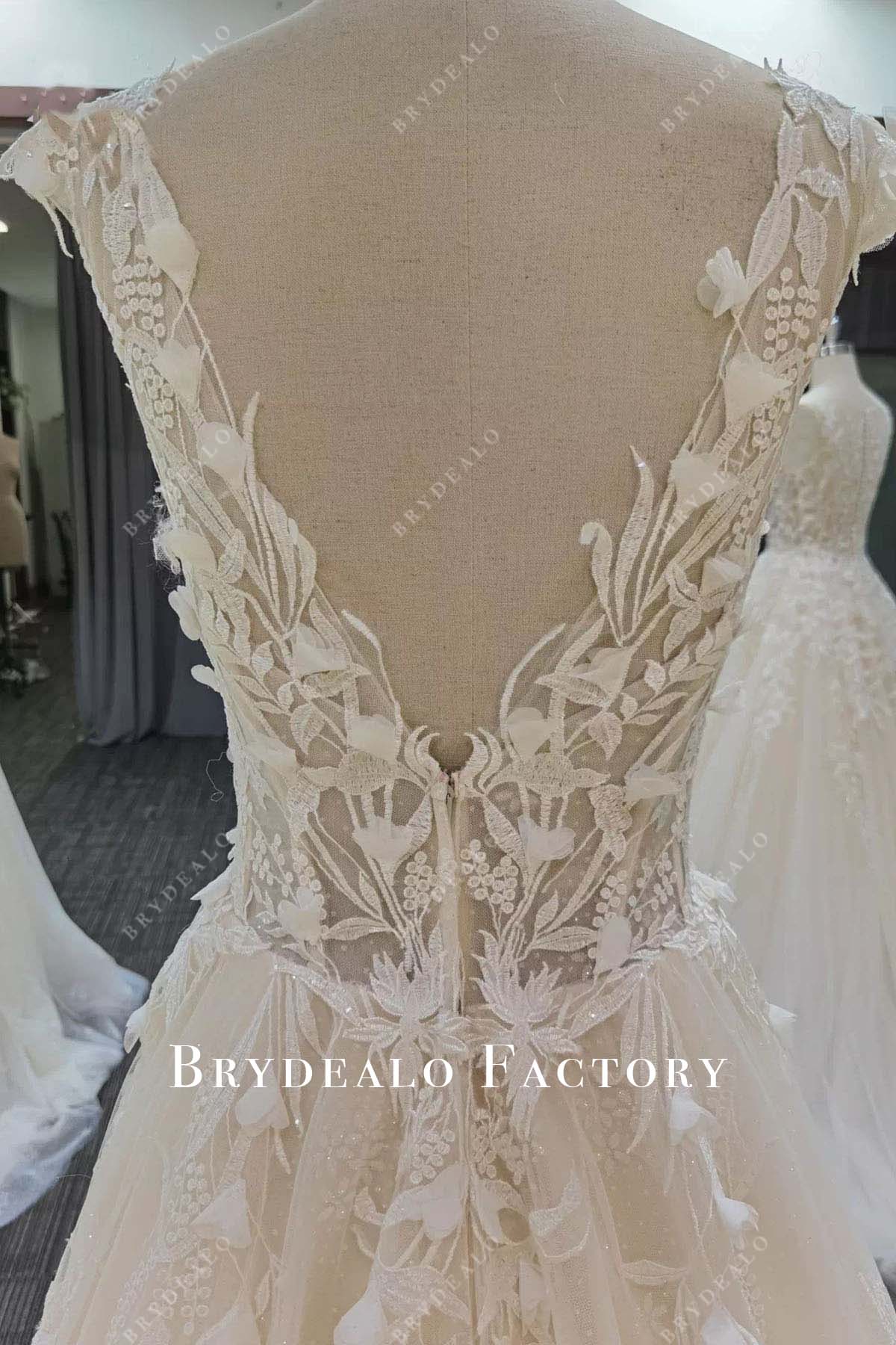 glitter lace v back wedding dress