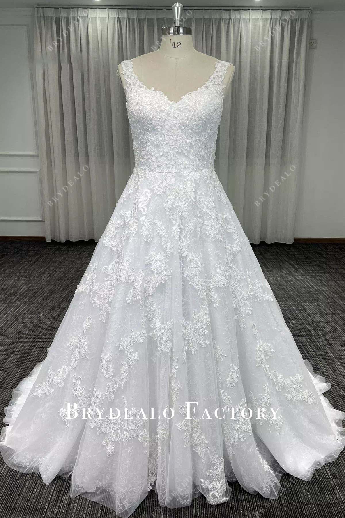 glitter lace wide straps wedding dress