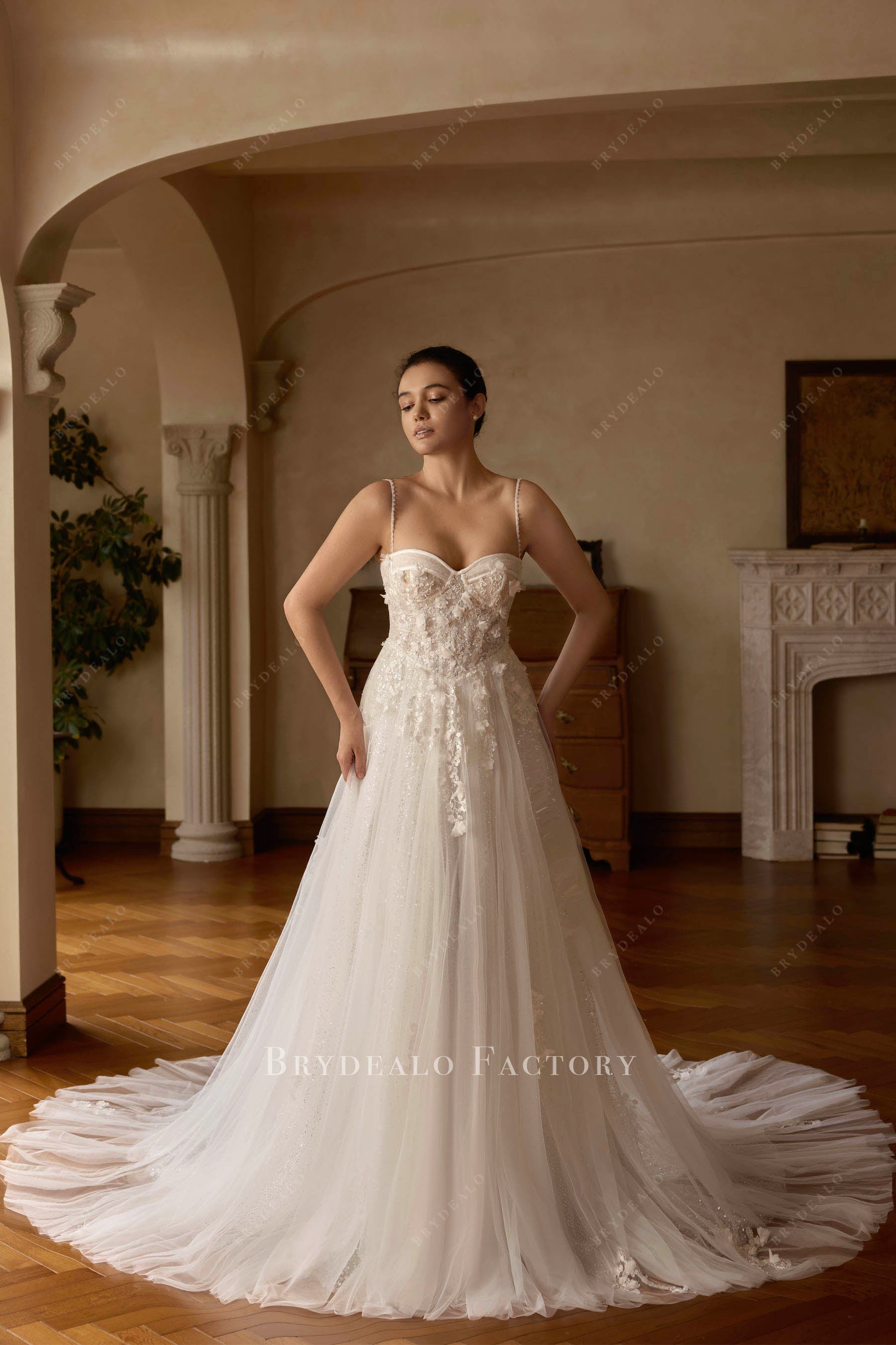 Corset 3D Flower Lace Sparkly Tulle Aline Wedding Dress