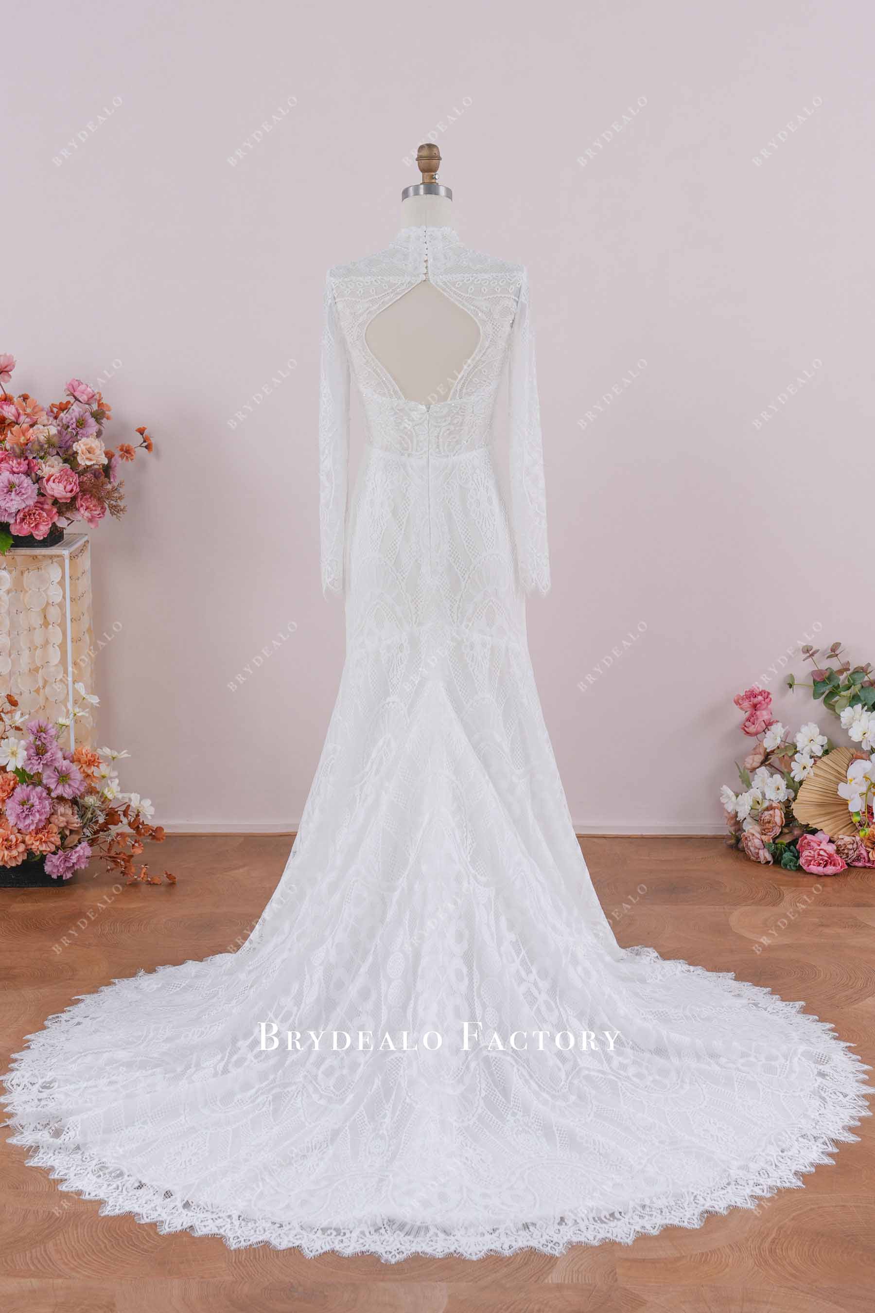 godet lace train boho wedding dress