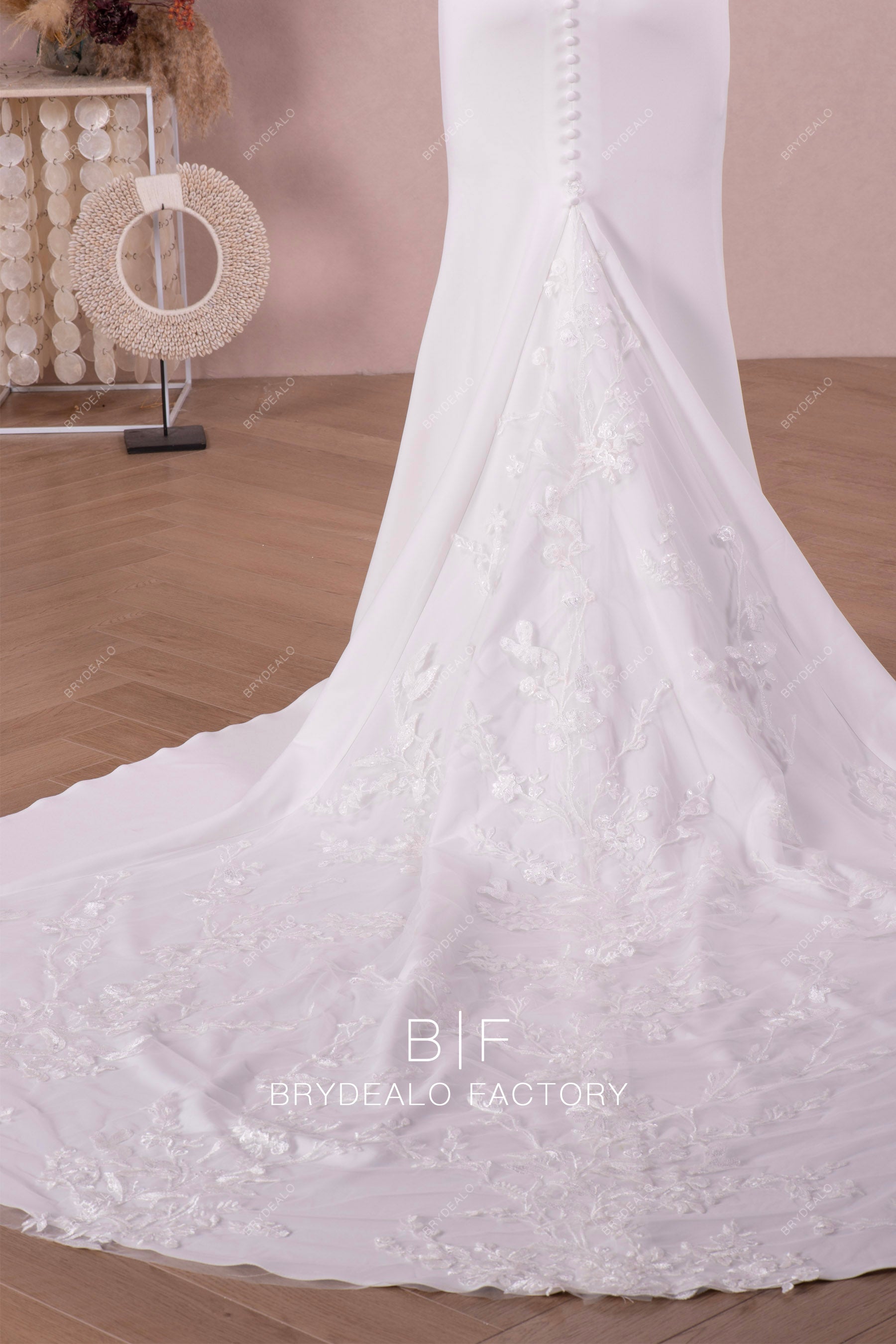 godet lace trim bridal gown