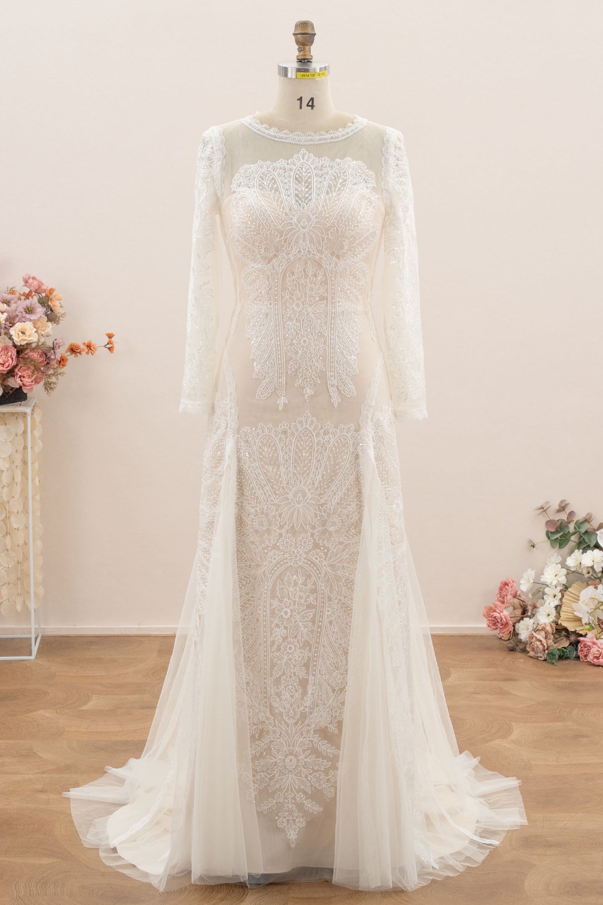 godet lace tulle boho wedding dress