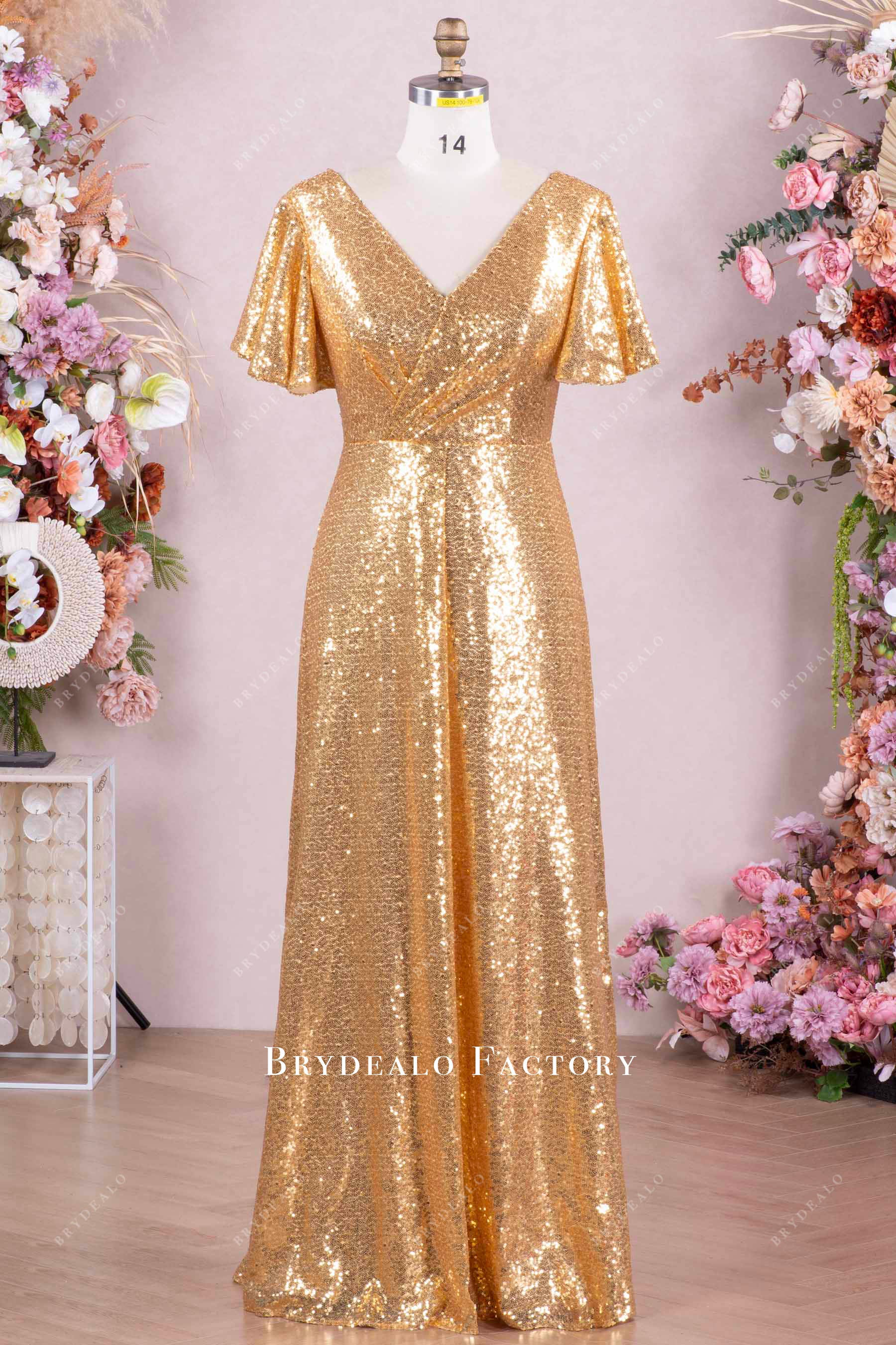 Gold Sequin Flutter Sleeve Floor Length Mother Of Bride Dress