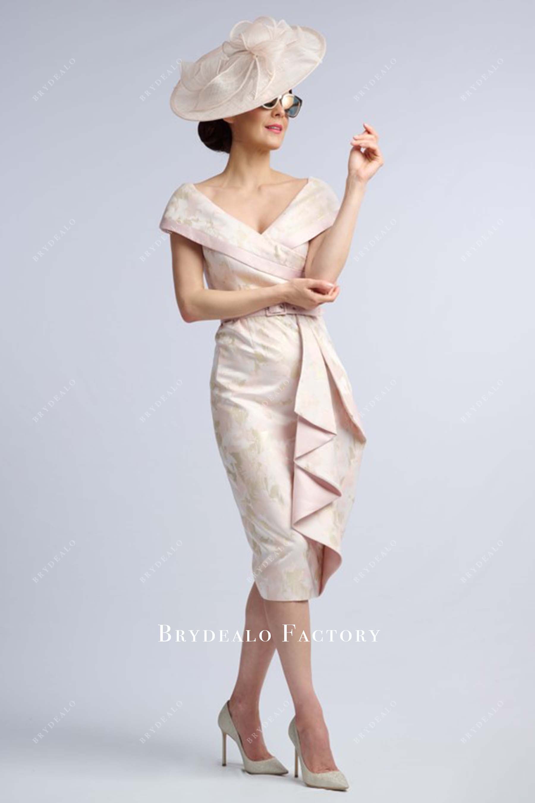 Print Off Shoulder Ruffled Pencil Mother of Bride Dress