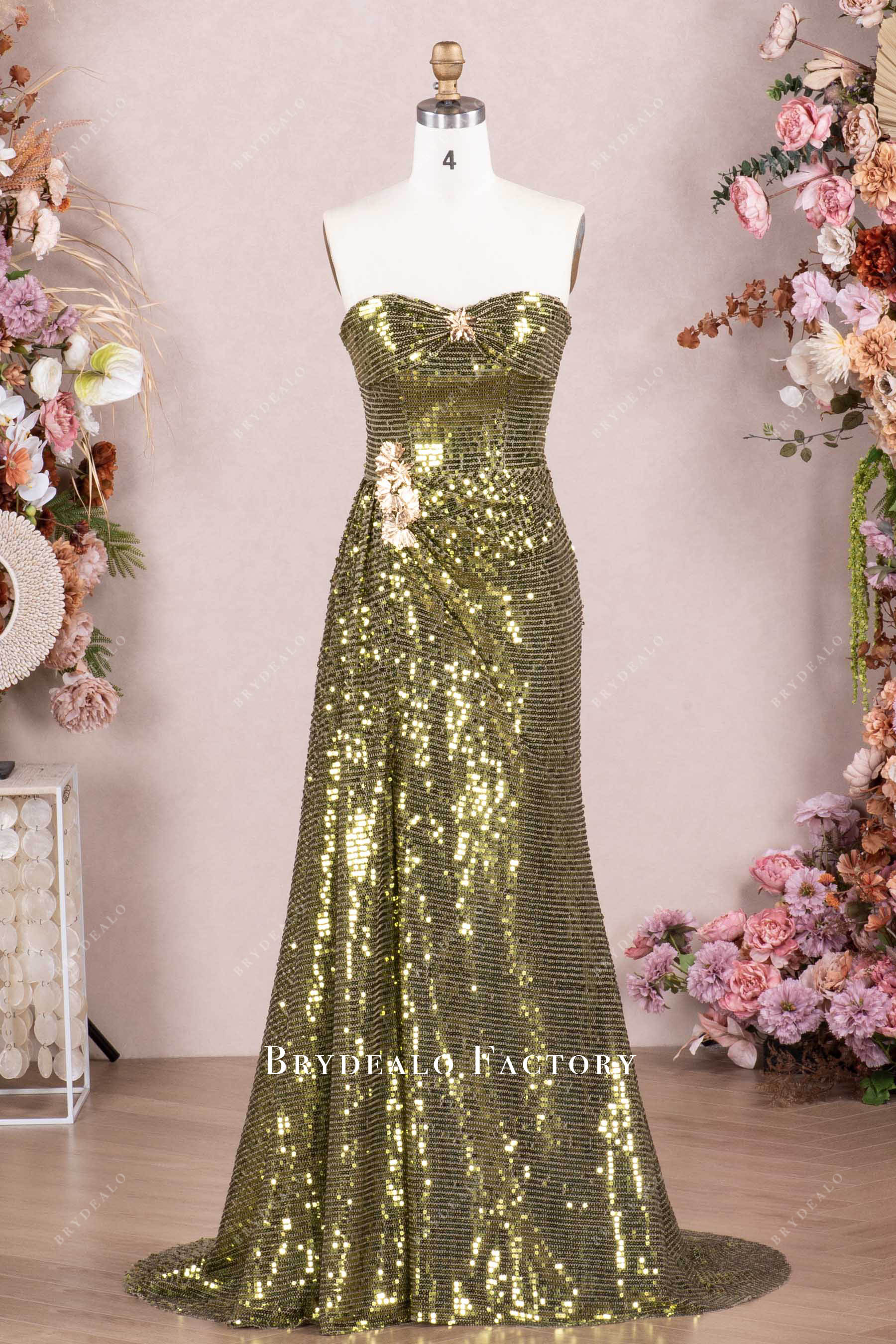Olive Strapless Sparkly Sequin Ruched Slit Prom Dress Olive Strapless Sparkly Sequin Ruched Slit Prom Dress