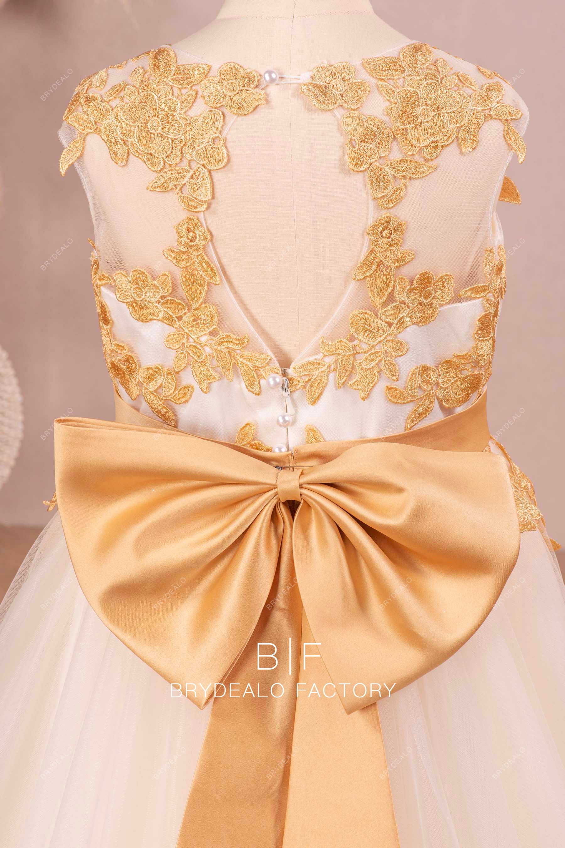 Detachable Knot Gold Lace A-Line Flower Girl Dress