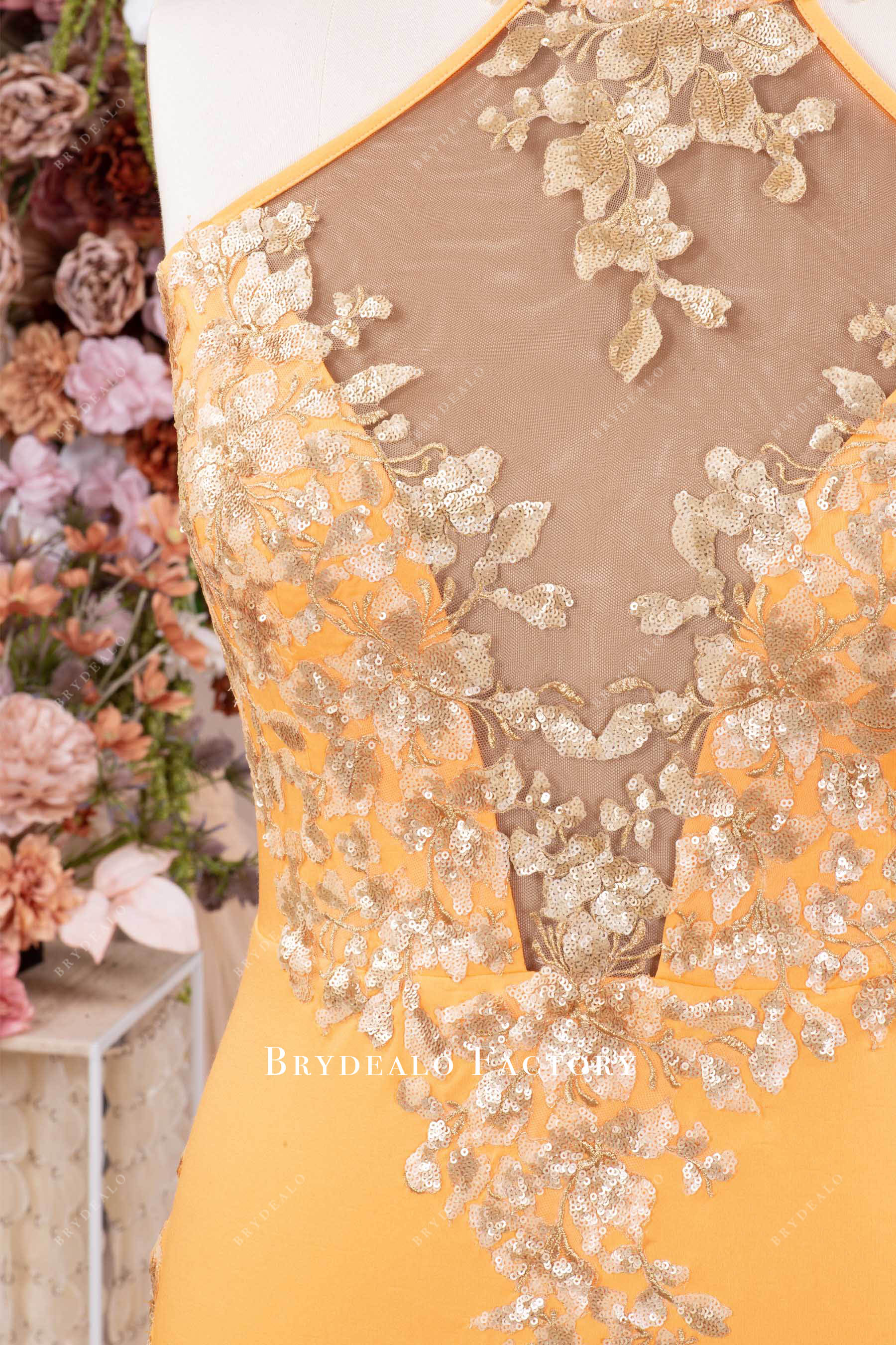 gold flower sequin prom dress