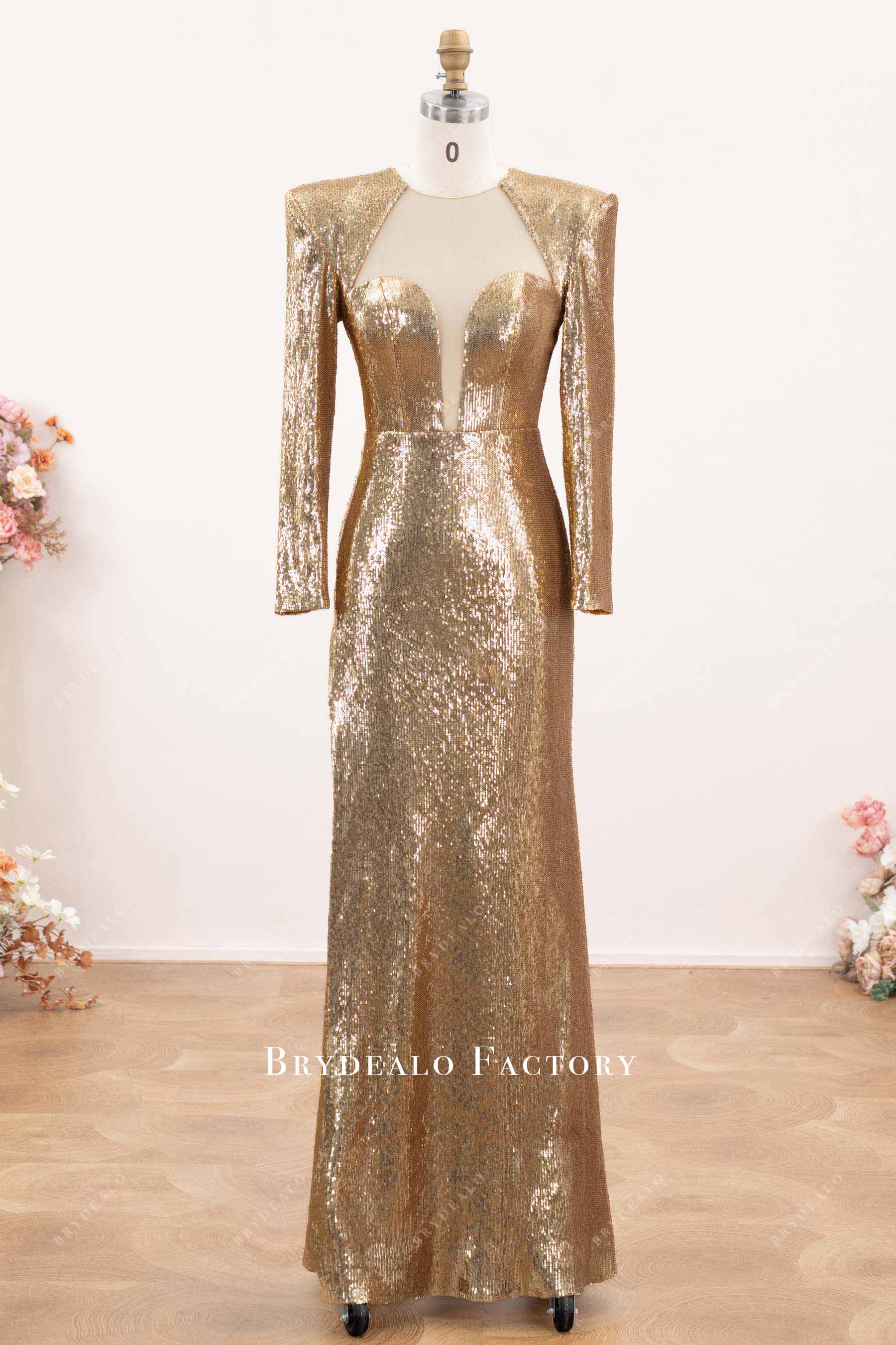 Gold Sequin Shoulder Pad Sleeved Evening Dress Gold Sequin Shoulder Pad Sleeved Evening Dress