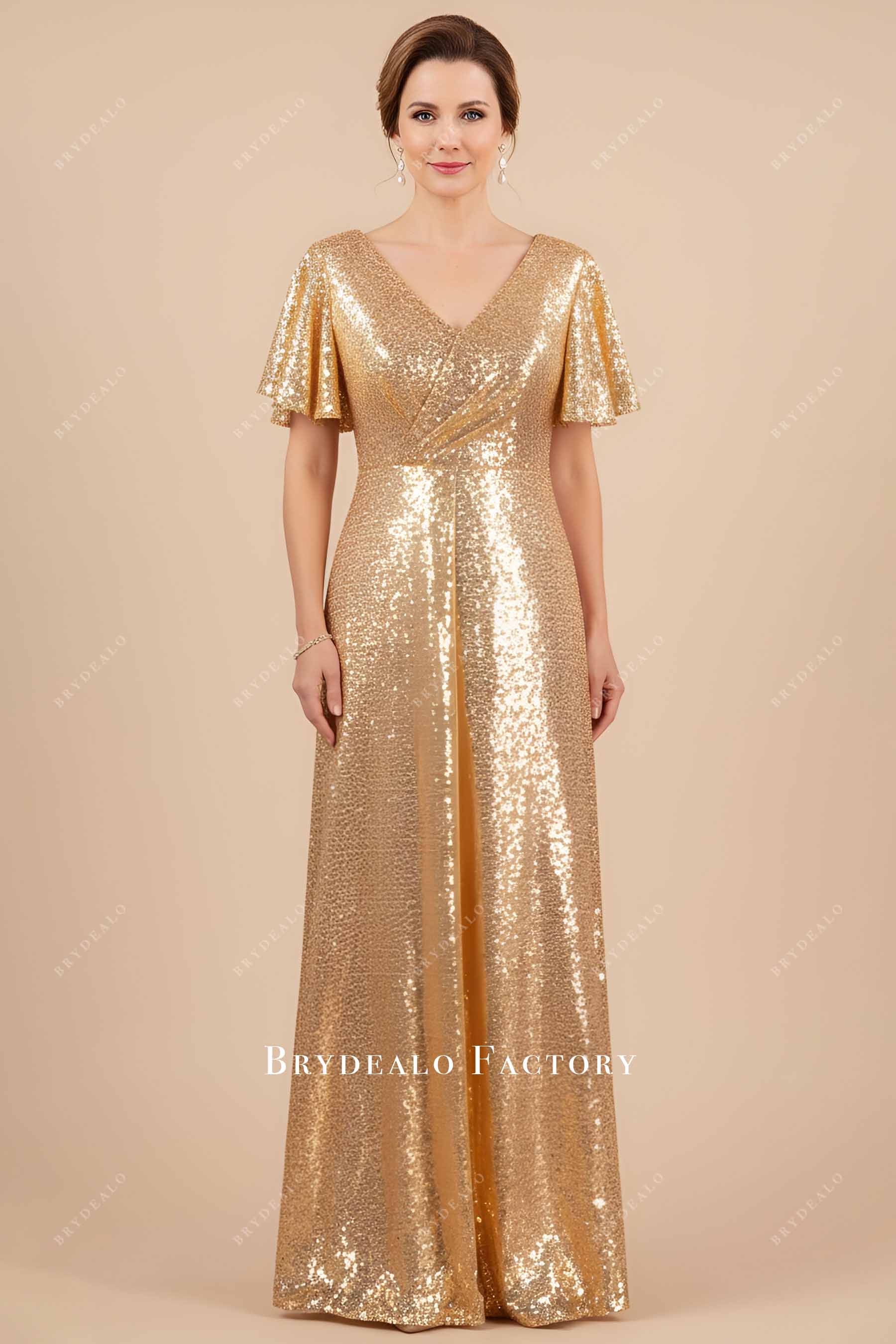 Gold Sequin Flutter Sleeve Floor Length Mother Of Bride Dress Gold Sequin Flutter Sleeve Floor Length Mother Of Bride Dress