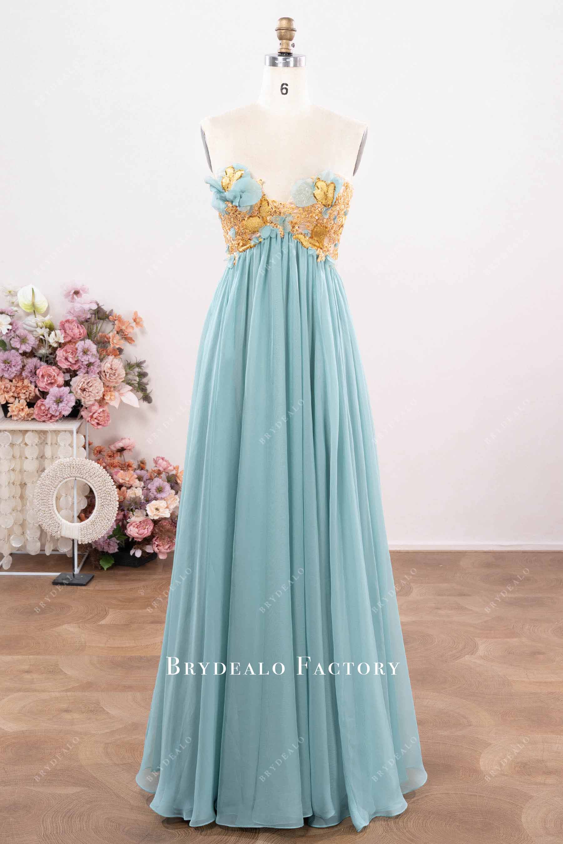 gold sweetheart neck chiffon prom dress