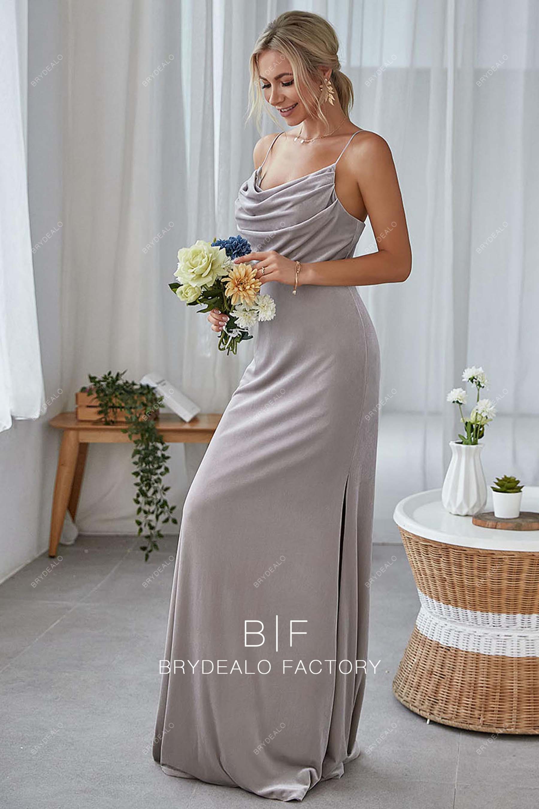 cowl neck spaghetti straps long prom dress