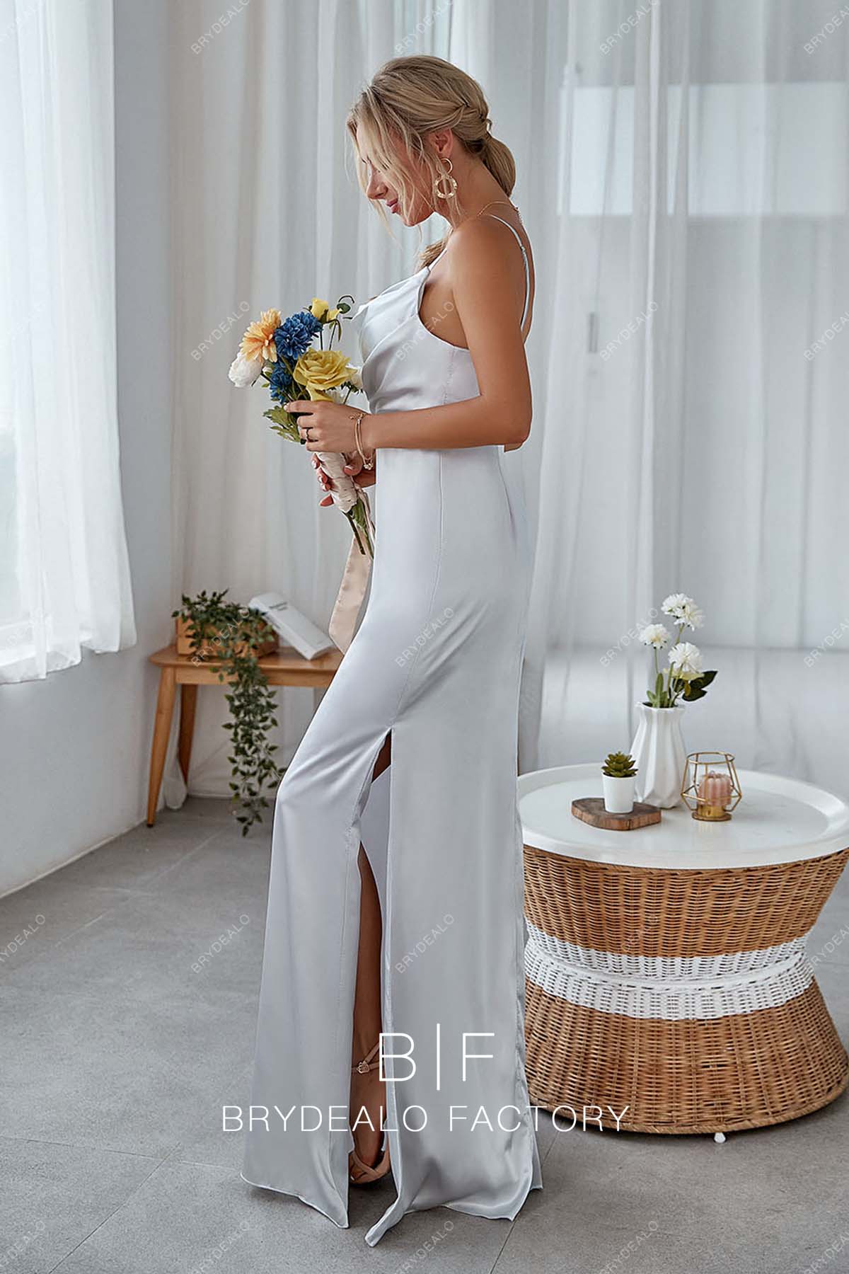 Sleeveless Silver Side Slit Spaghetti Straps Bridesmaid Dress