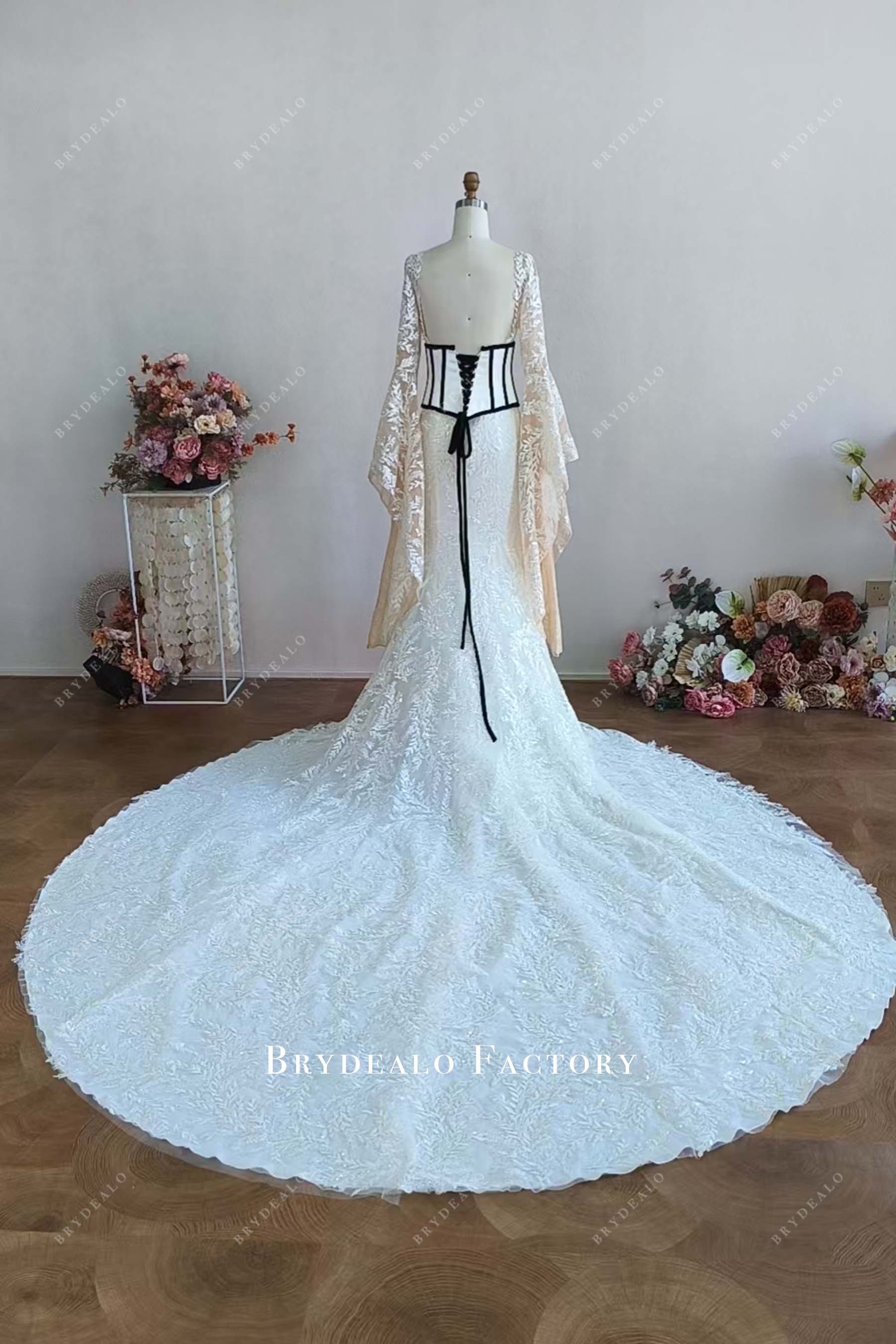 green corset basque waist wedding dress