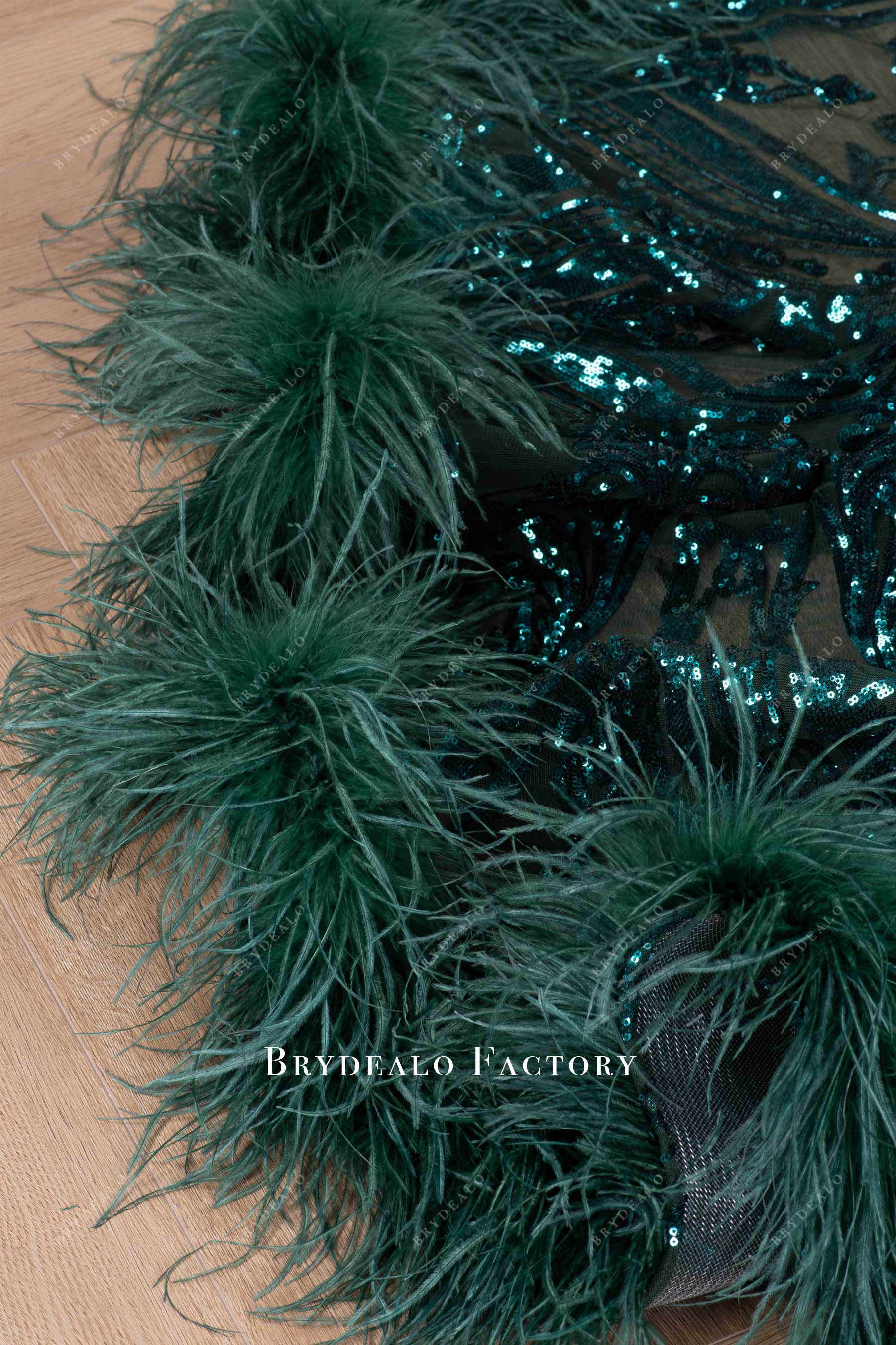 green feather train prom dress