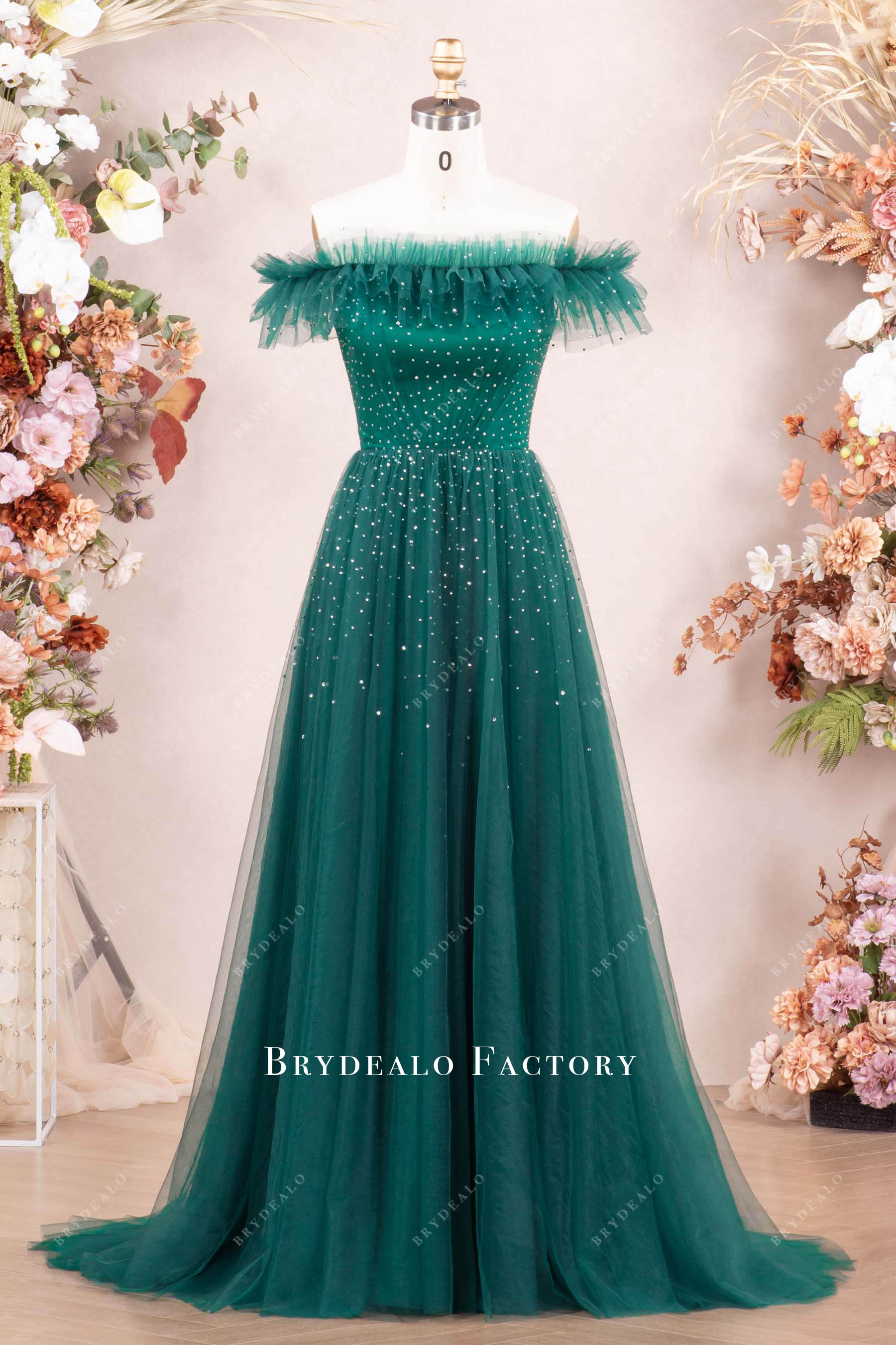green emerald velvet dress Green Tulle A-line Off Shoulder Lace Appliques Prom Dresses With Slit, MP735 main image 1
