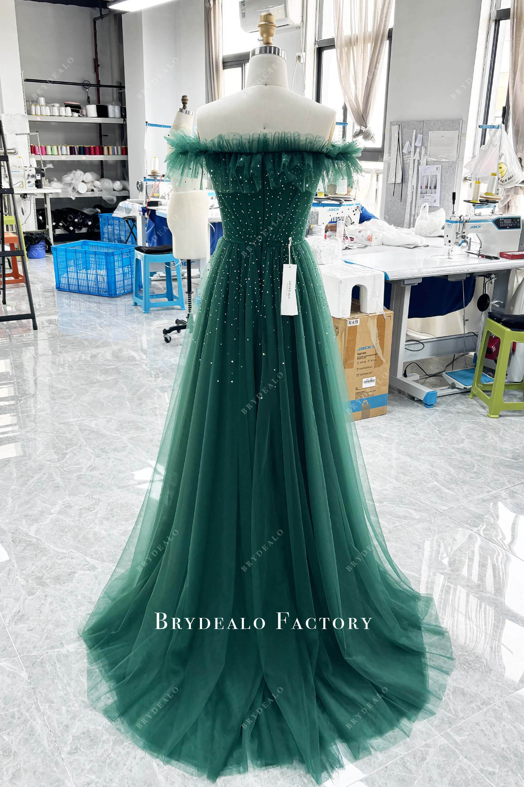 green sweep train tulle prom dress