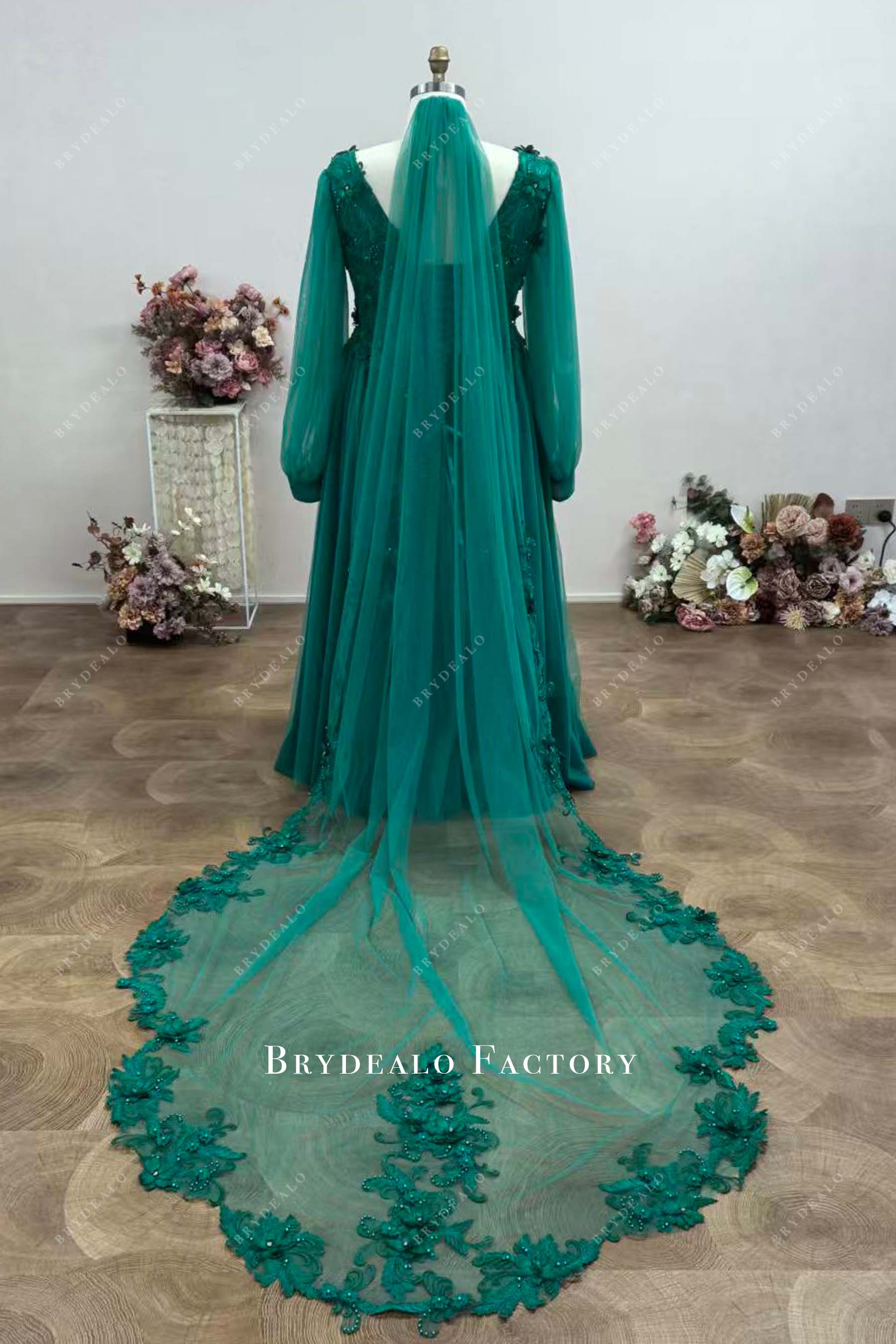 green veil floor length wedding dress