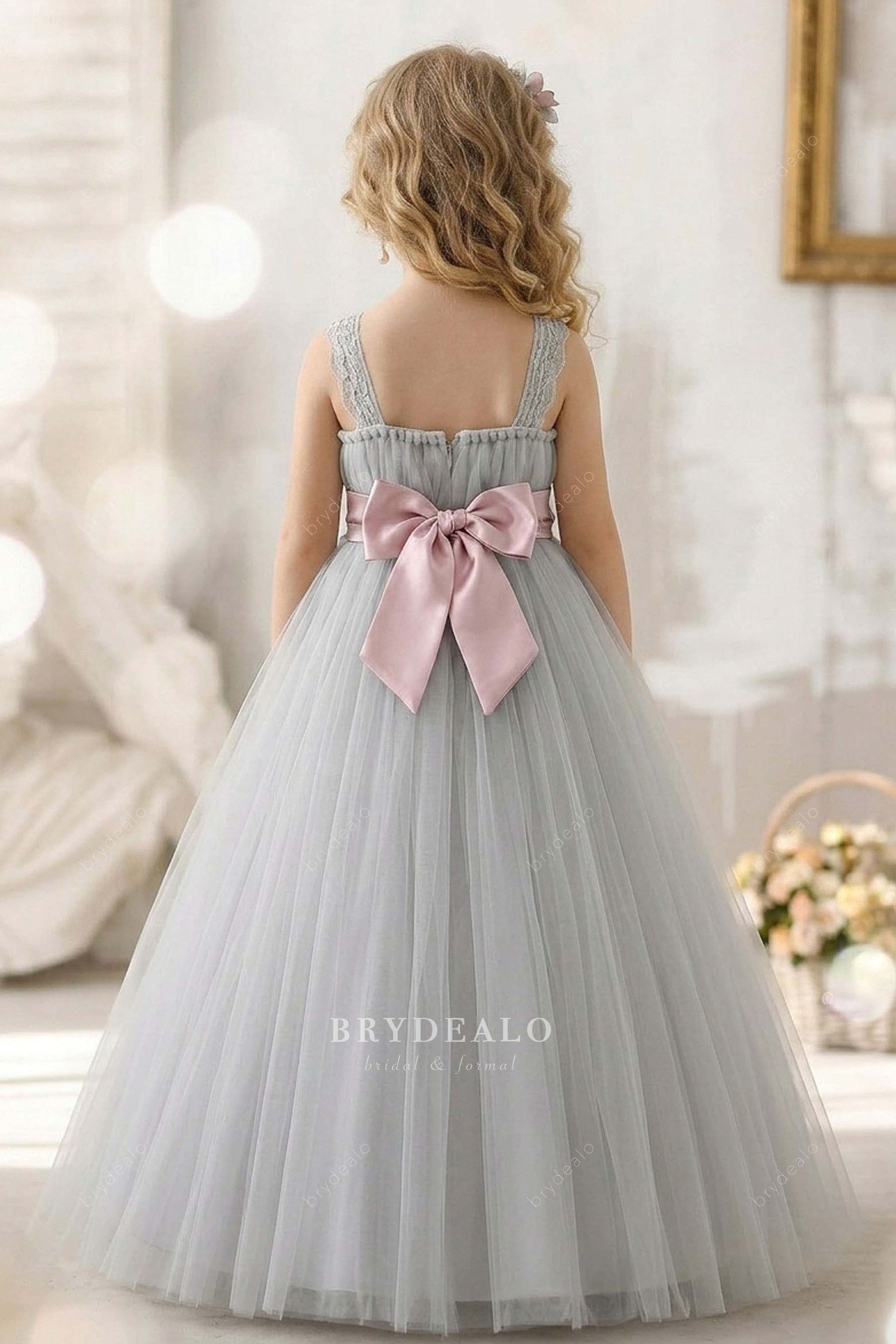grey tulle knot little girl formal gown