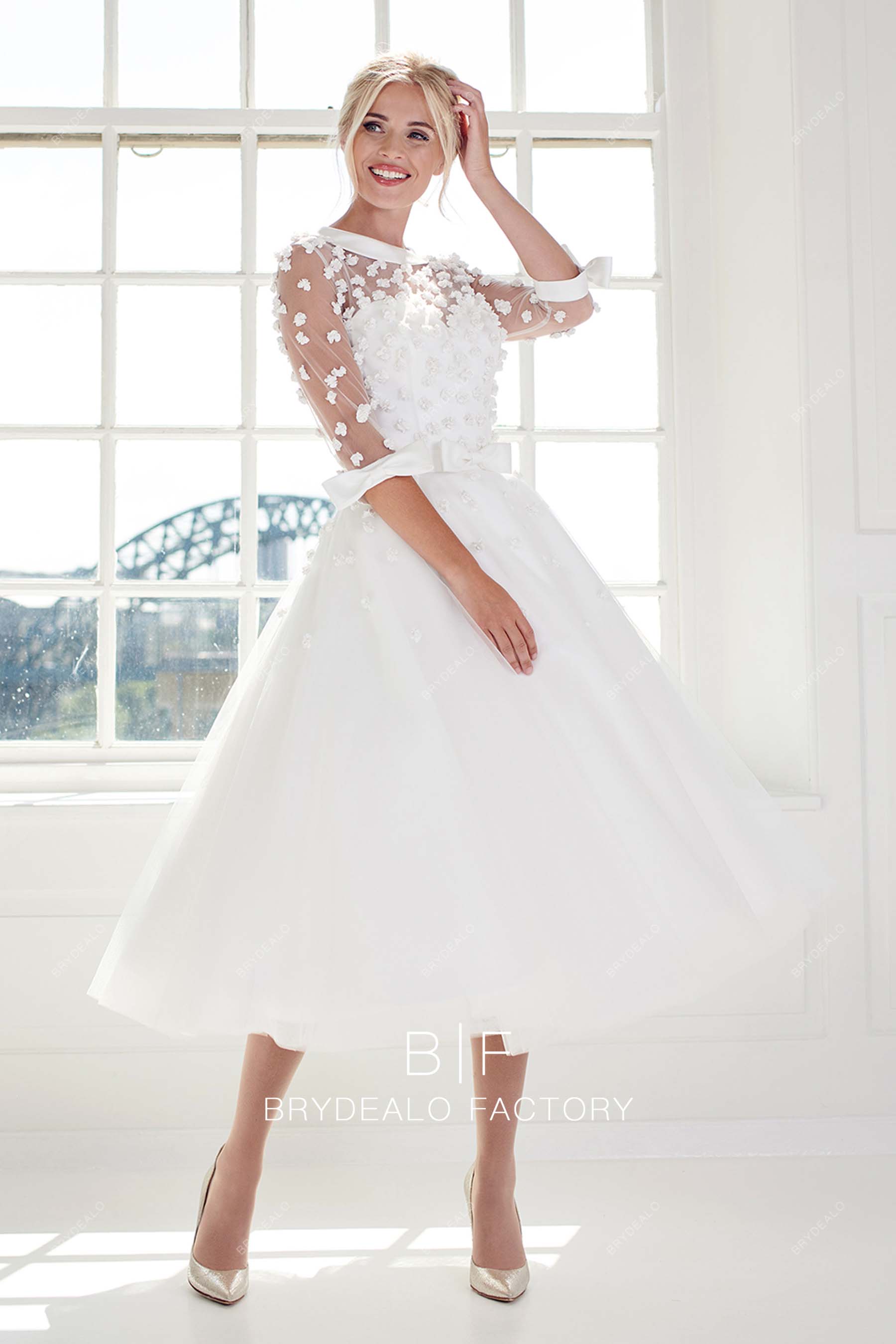 half sleeves 3D flowers romantic bridal dress