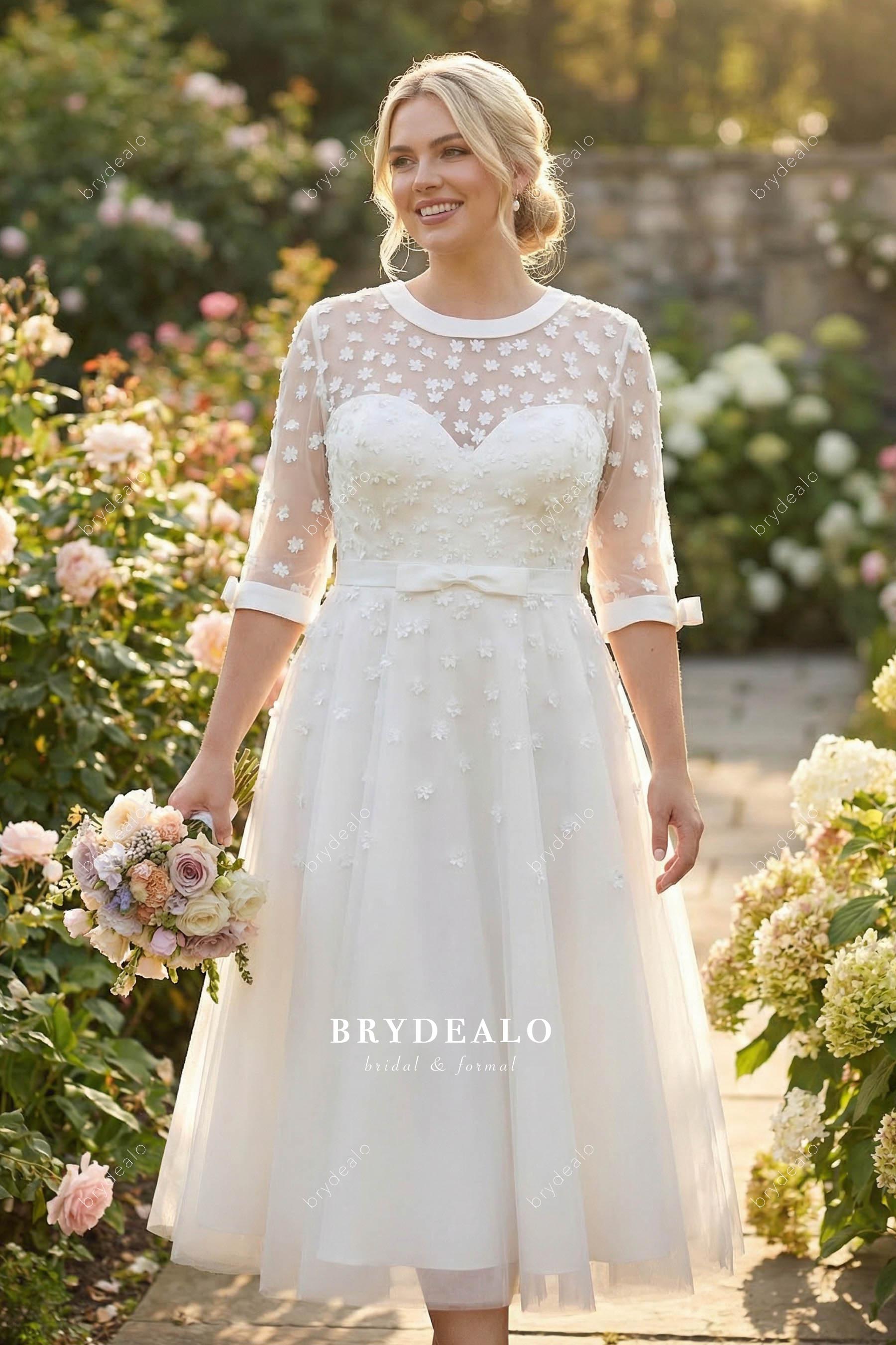 half sleeves 3D flowers romantic bridal dress