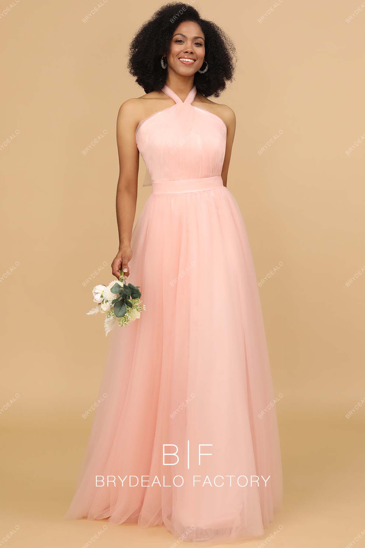 Blushing Pink Wholesale Halter Neck Tulle A-line Bridesmaid Gown
